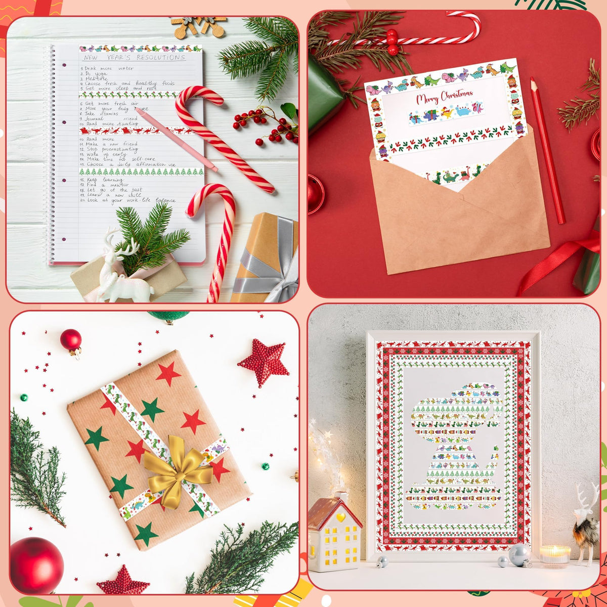 BkeeCten Christmas Dinosaur Washi Tape - 12 Rolls Dinosaur Footprints Christmas Trees Designs, Free