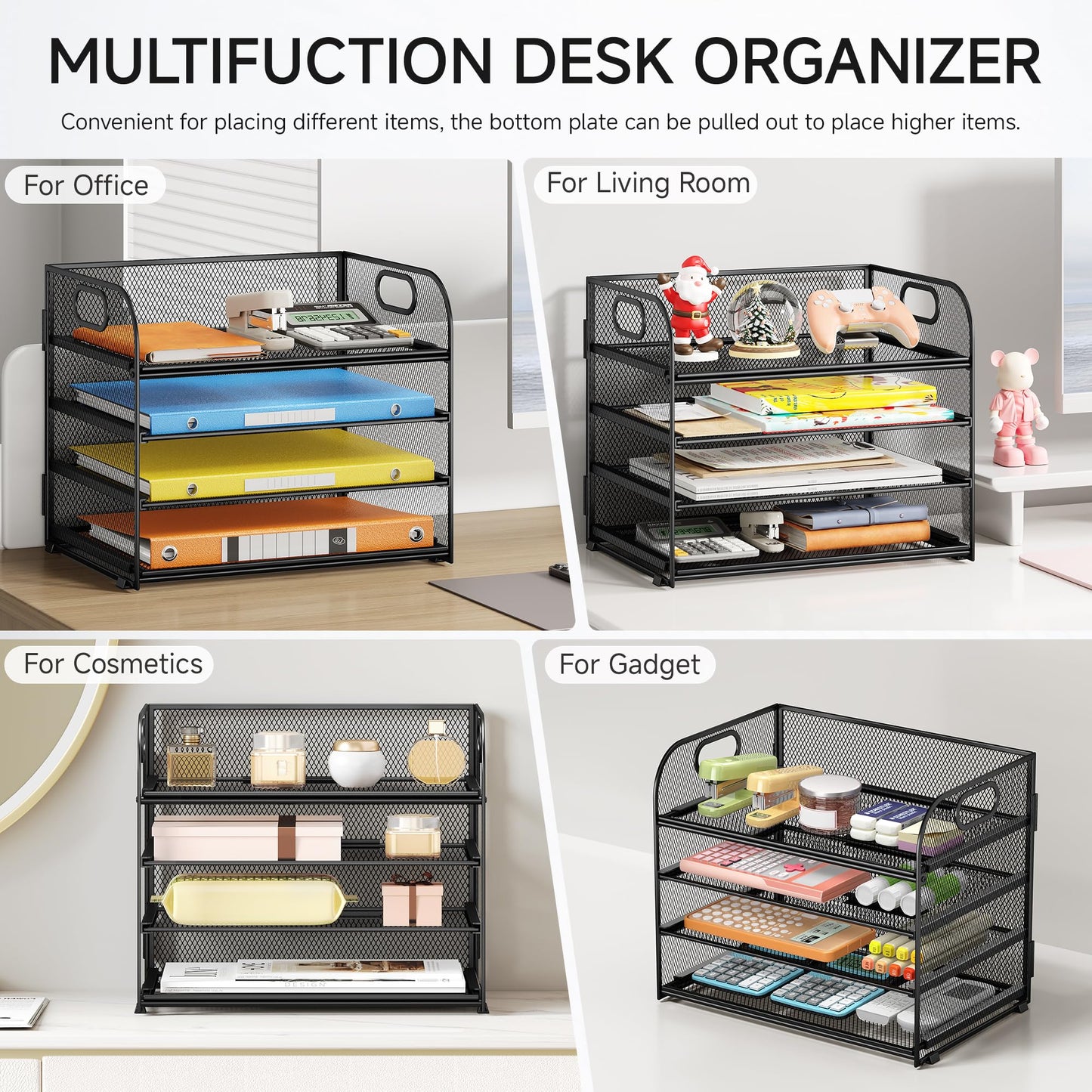 Lavatino Paper Organizer for Desk, 4-Tier Desk Organizer Tray, Mesh Desktop File Organizers with
