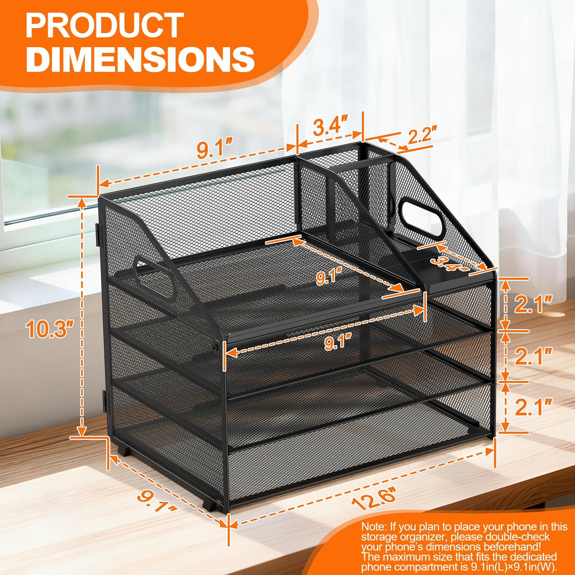 DocNest 4 Tier Metal Mesh Desk File Organizer with Phone Shelf, Black