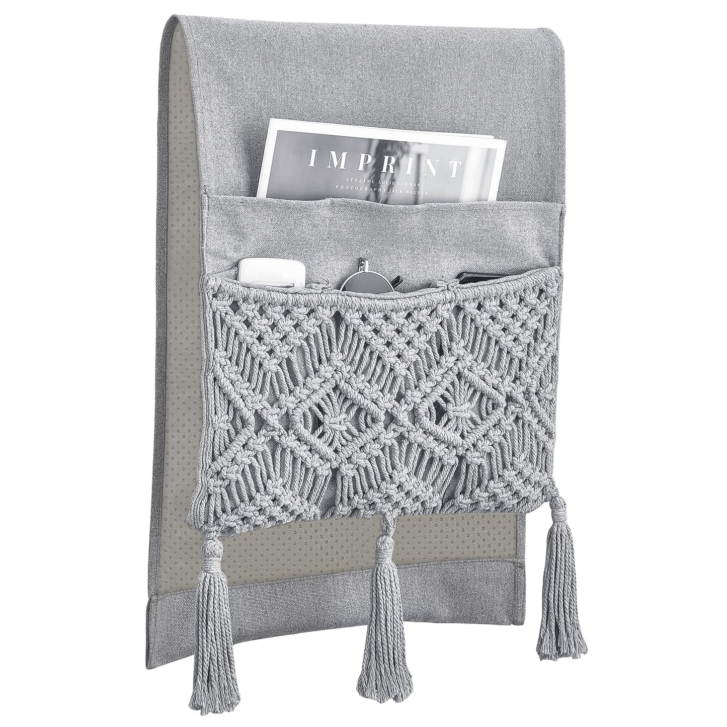 Mkono Macrame Armchair Caddy, Boho Couch Armrest Organizer, 4 Pockets Grey