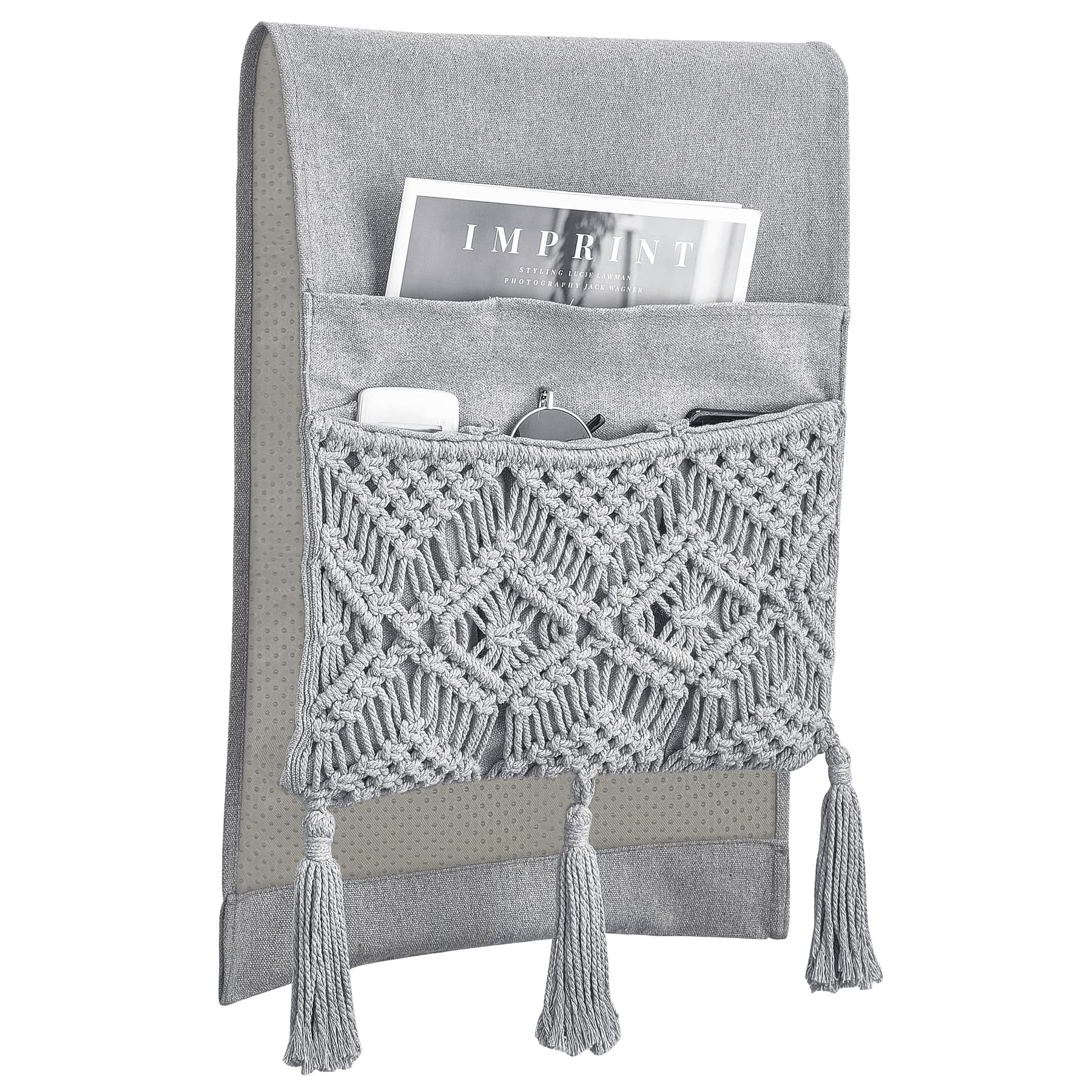 Mkono Macrame Armchair Caddy, Boho Couch Armrest Organizer, 4 Pockets Grey