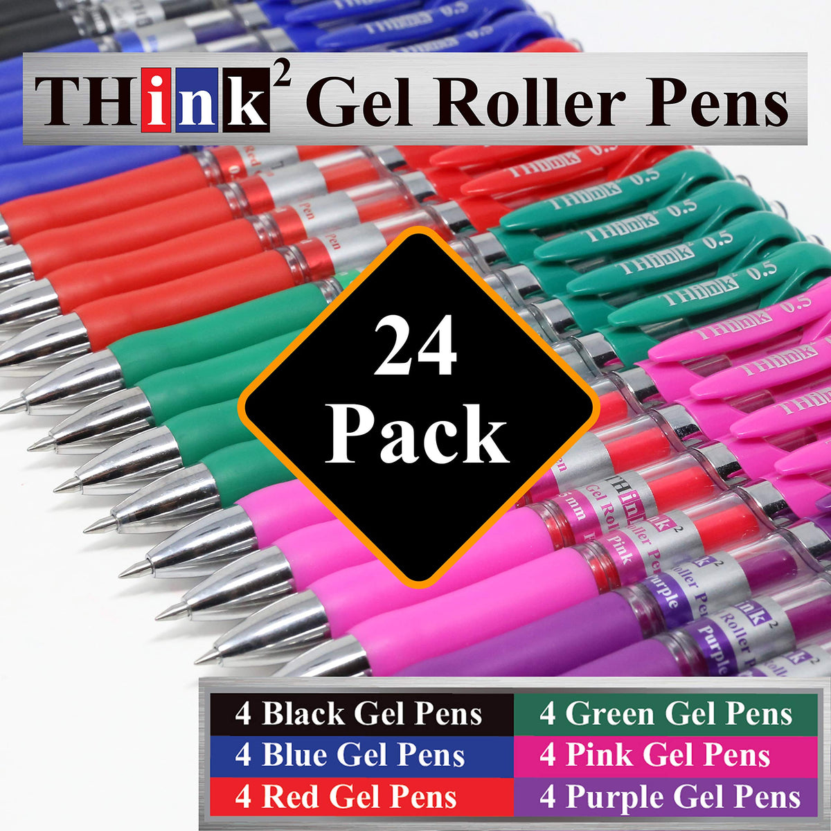[24 Pens - 4Black, 4Blue, 4 Red, 4 Green, 4 Pink, 4Purple Ink] Think2 Retractable Gel Pens.