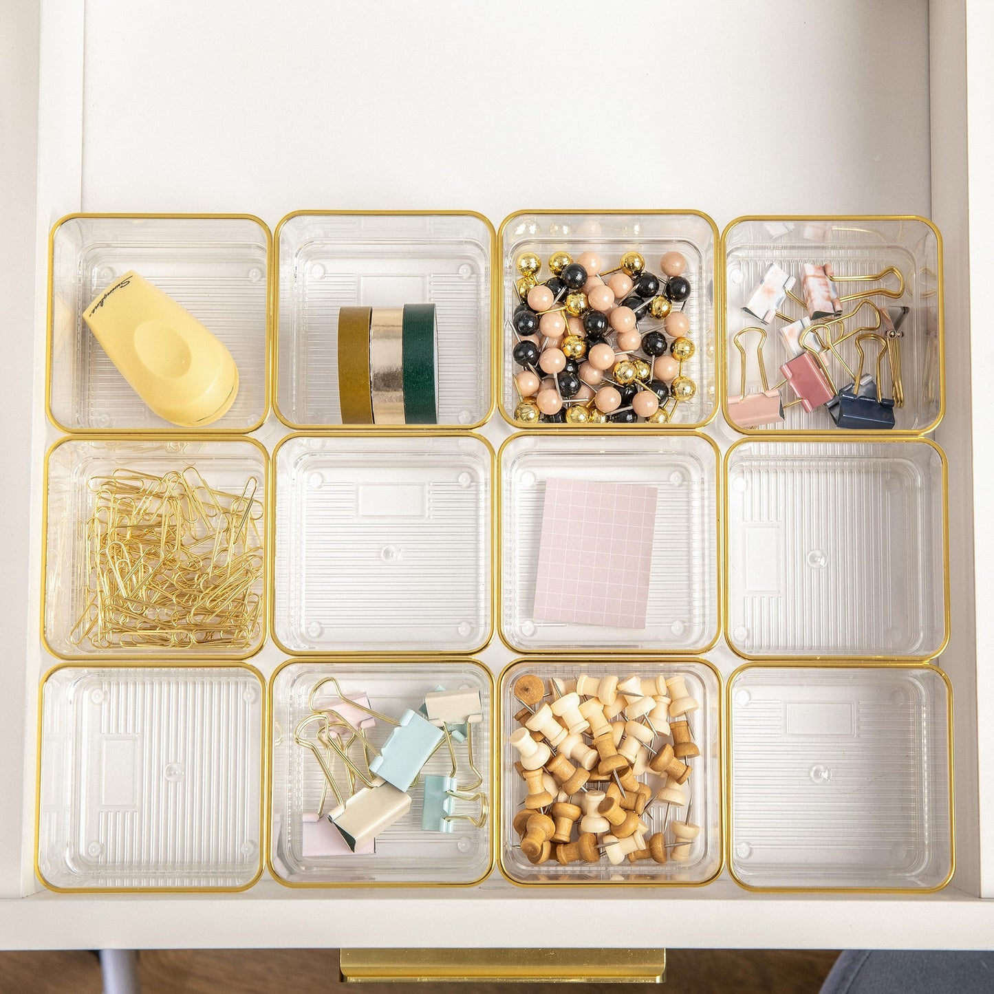 Martha Stewart Kerry Stackable Desk Drawer Organizers, Clear/Gold, 12-Pack