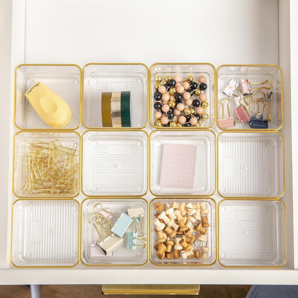 Martha Stewart Kerry Stackable Desk Drawer Organizers, Clear/Gold, 12-Pack