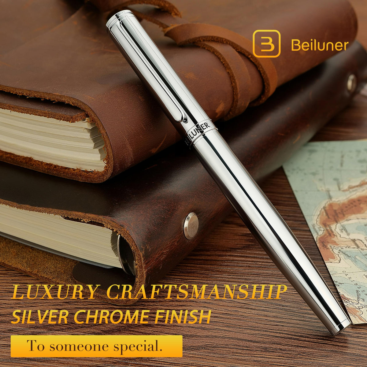 BEILUNER Silver Fountain Pen,Stunning Luxury Pens with Bright Silver Chrome, Gorgeous 24K Gilded