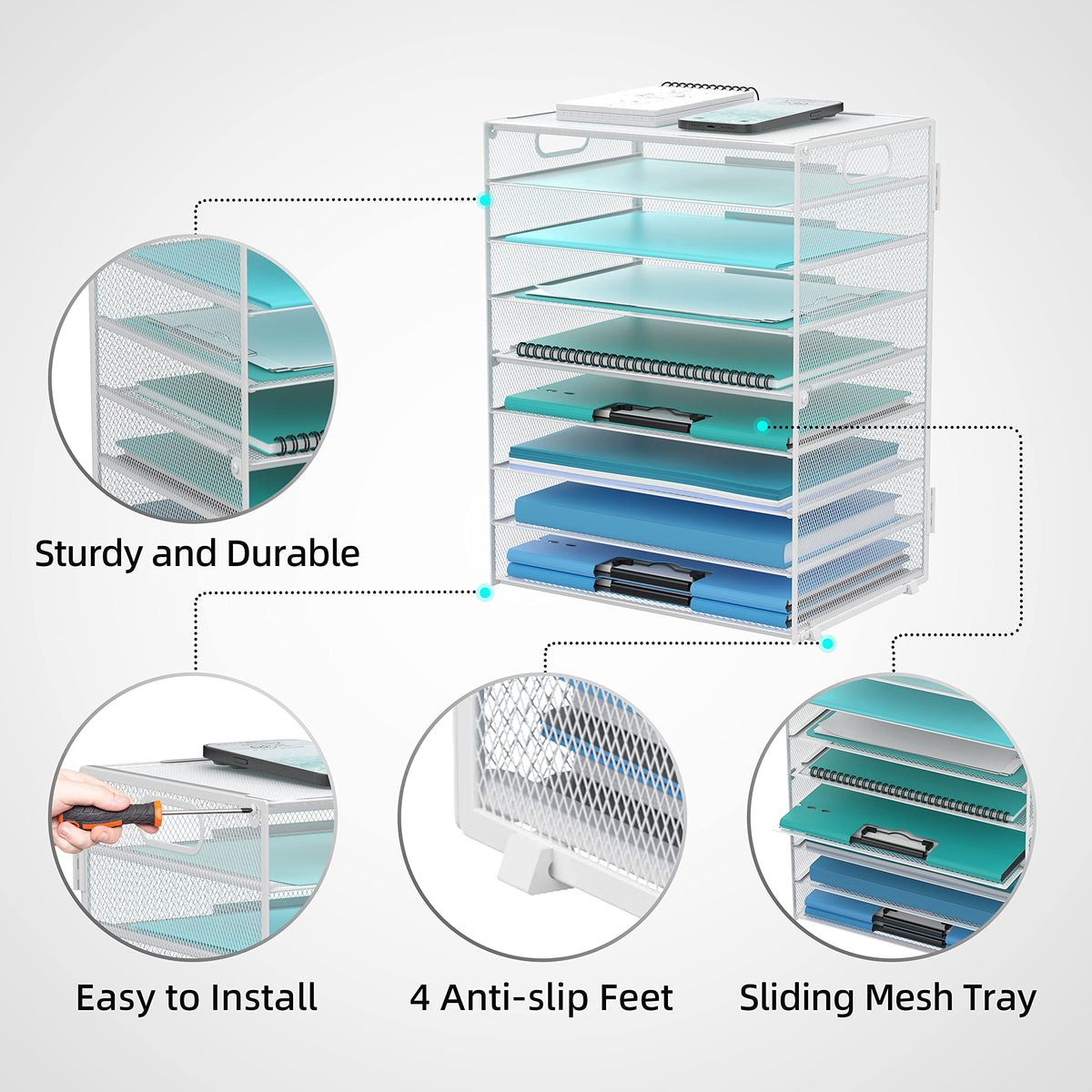 9-Tier Paper Organizer for Desk, Metal Mesh Letter Tray with Handles, White