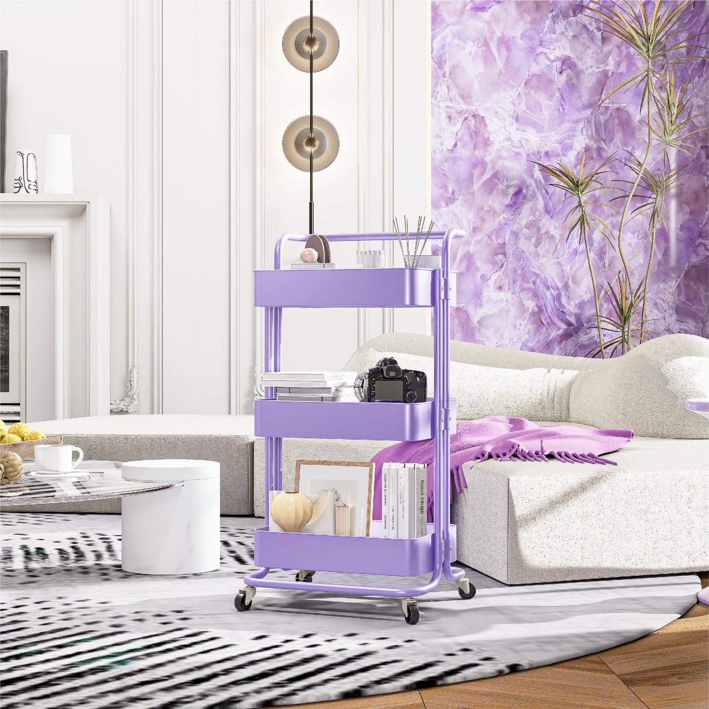 Mzzelry Metal Rolling Storage Cart, 3-Tier Utility Cart with Wheels, Multifunctional Organizer