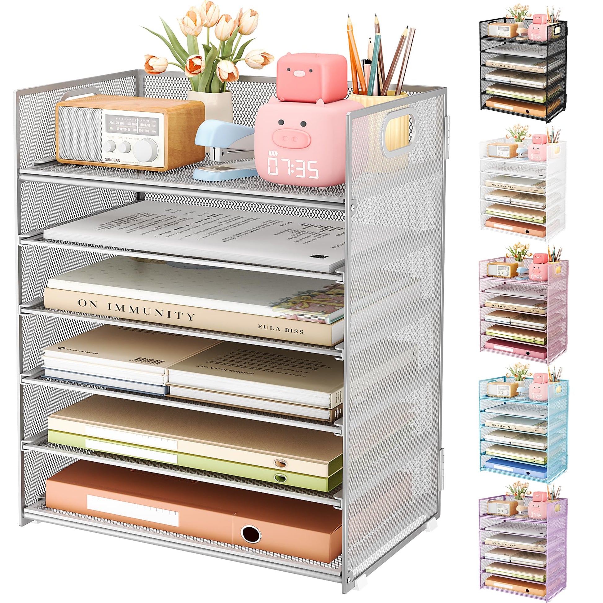 Subekyu 6 Tier Paper Organizer for Desk with Handle, Metal Mesh Desk Office File Folder Paper