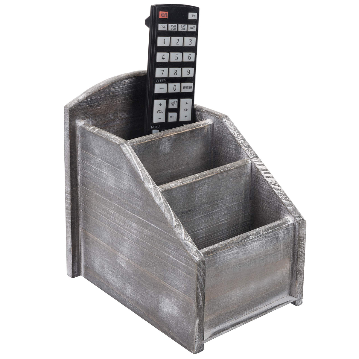 MyGift Graywashed Wood Remote Control Holder, 3-Compartment Desktop Caddy