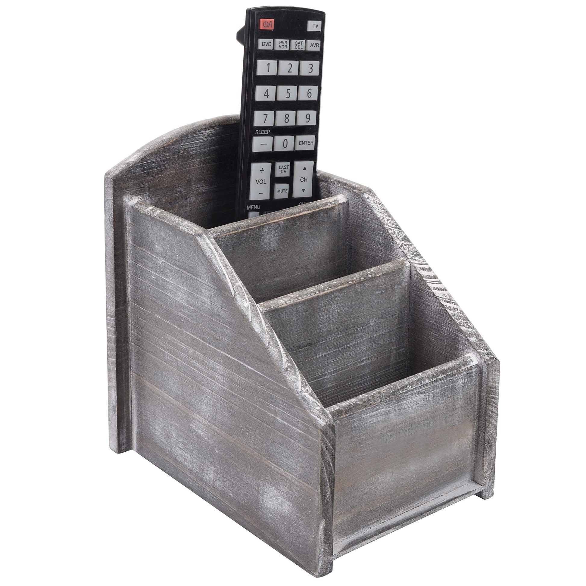 MyGift Graywashed Wood Remote Control Holder, 3-Compartment Desktop Caddy