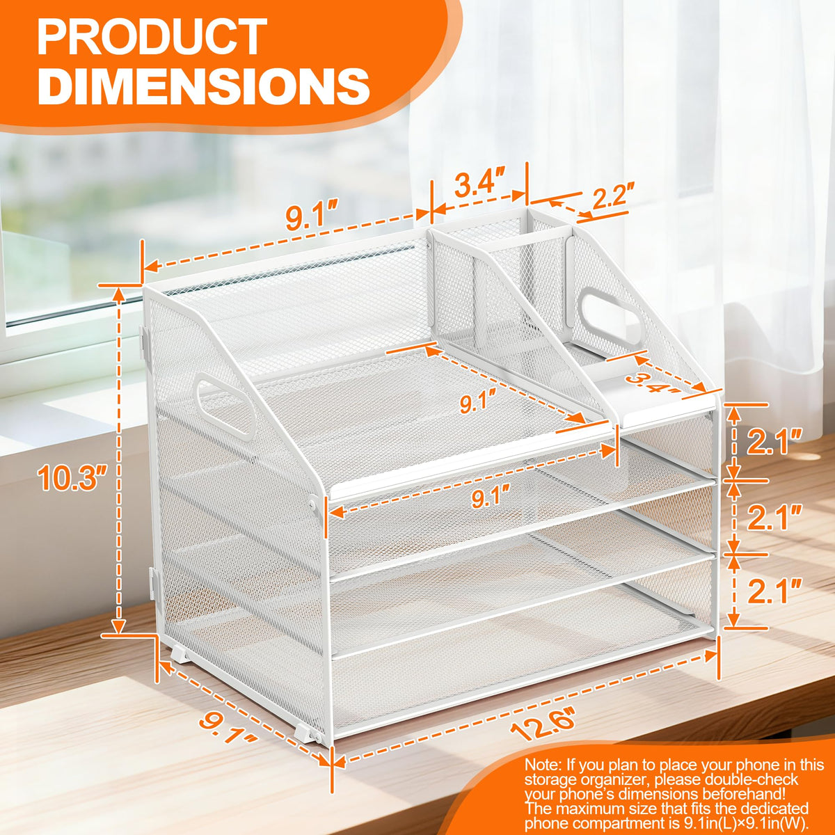 DocNest 4 Tier Metal Mesh Desk File Organizer with Phone Shelf, White