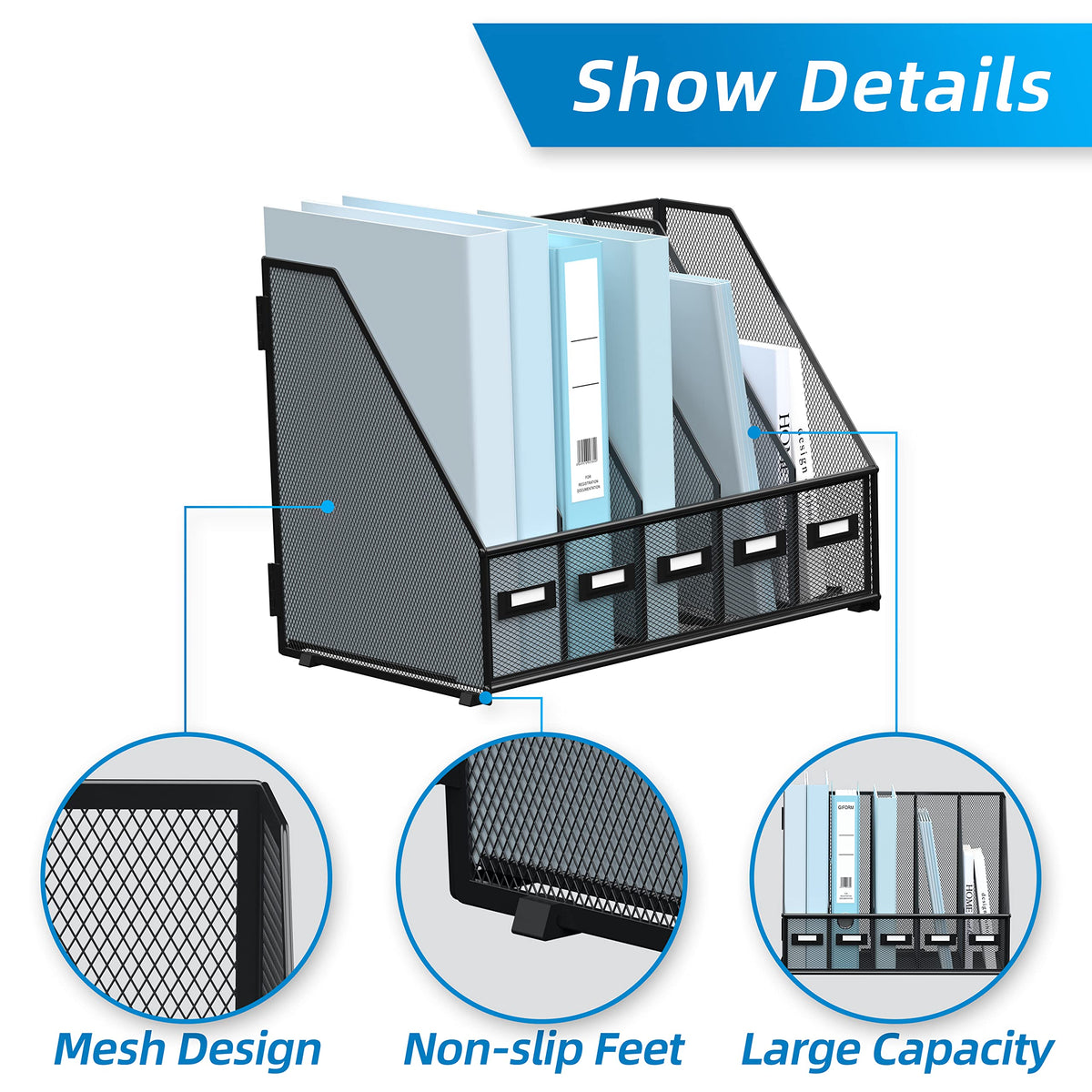 SUPEASY Desk Organizers Metal Desk Magazine File Holder with 5 Vertical Compartments Rack File