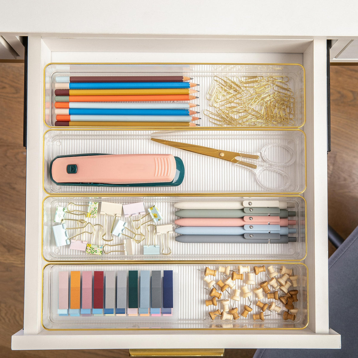 Martha Stewart Kerry Stackable Desk Drawer Organizers, Clear/Gold, 8-Pack
