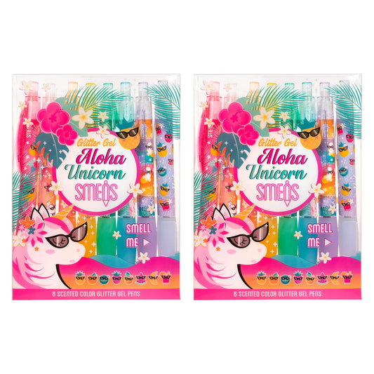 Glitter Gel Smens (2 Pack) - Aloha Unicorn Scented Pens, Colored Glitter Gel Ink, Medium Point, 8
