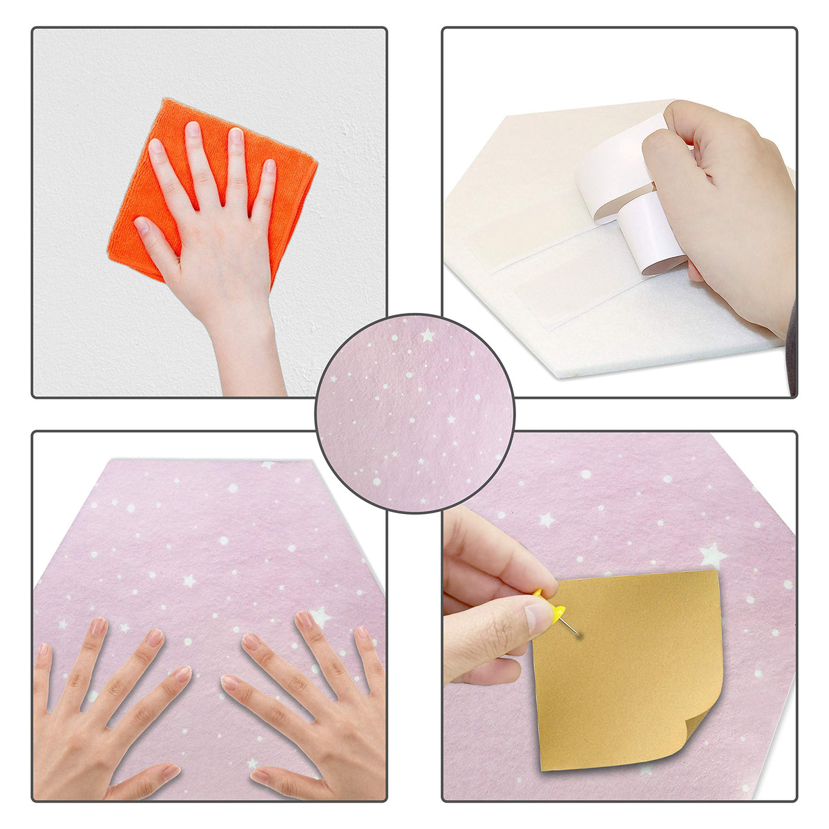 Fovasen 8 Pcs Felt Hexagon Cork Board Tiles, Self-Adhesive Notice Board Pink Wall Tiles with Push