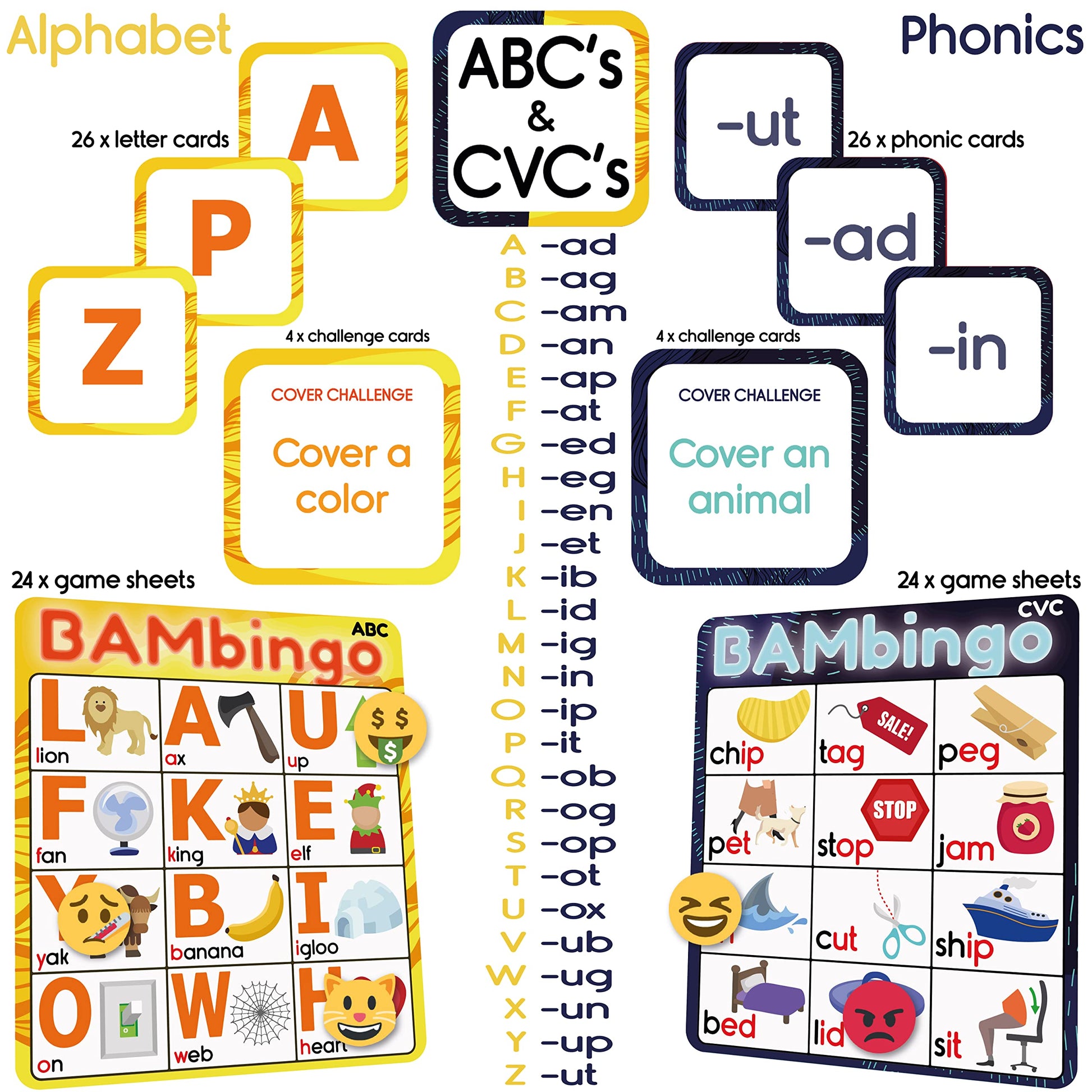 Alphabet and Phonics Bingo - ABC Learning Letter Recognition and CVC Words with Pictures - Phonics