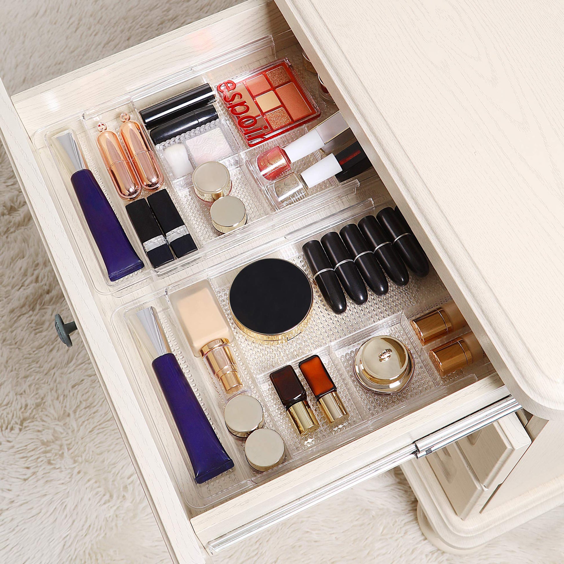 Oubonun Expandable Shallow Vanity Plastic Makeup Drawer Organizers, 4 Pack