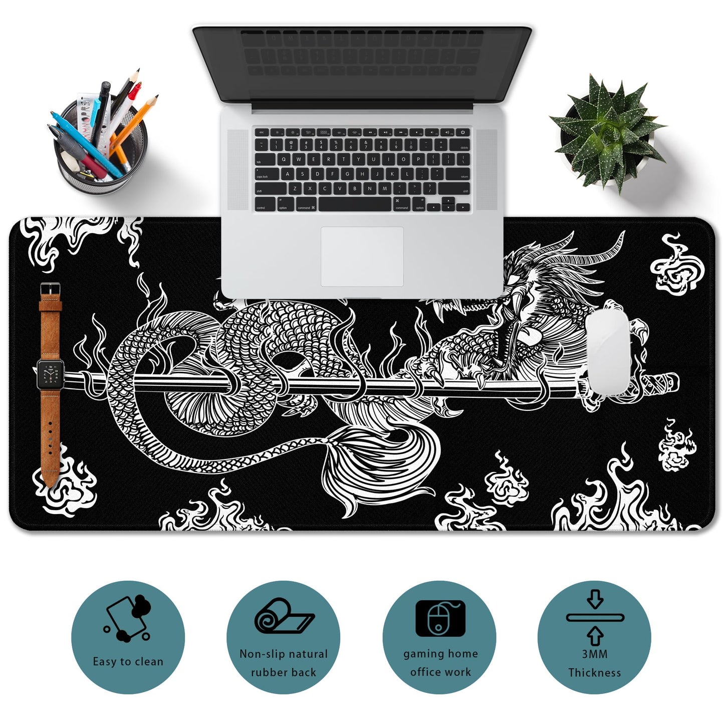 Japanese Dragon Gaming Mouse Pad Large Black Desk Mat, 31.5x11.8in, XL