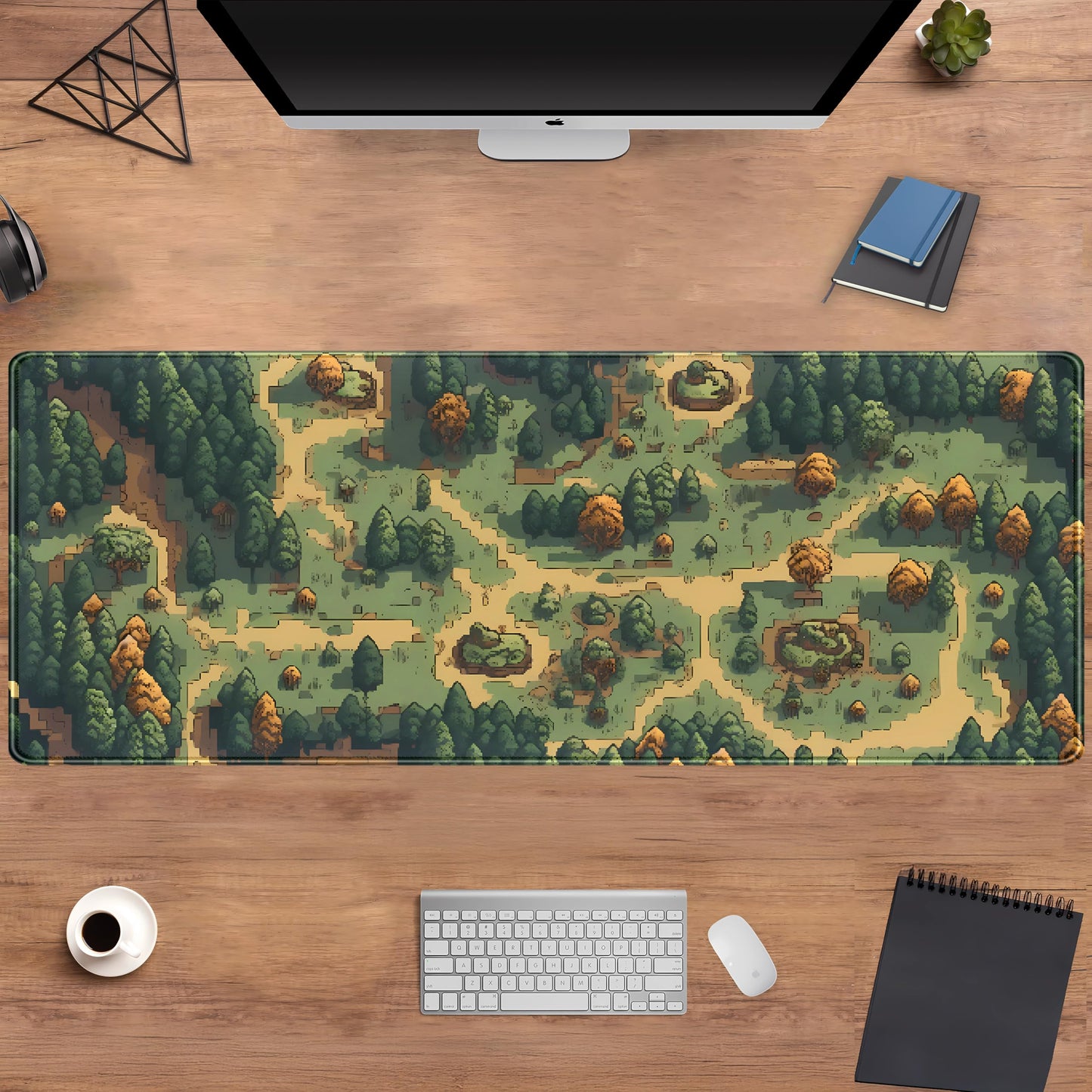 Retro Brown Green Desk Mat XL Large Gaming Green Forest Pixel Mouse Pad Non-Slip Rubber Base