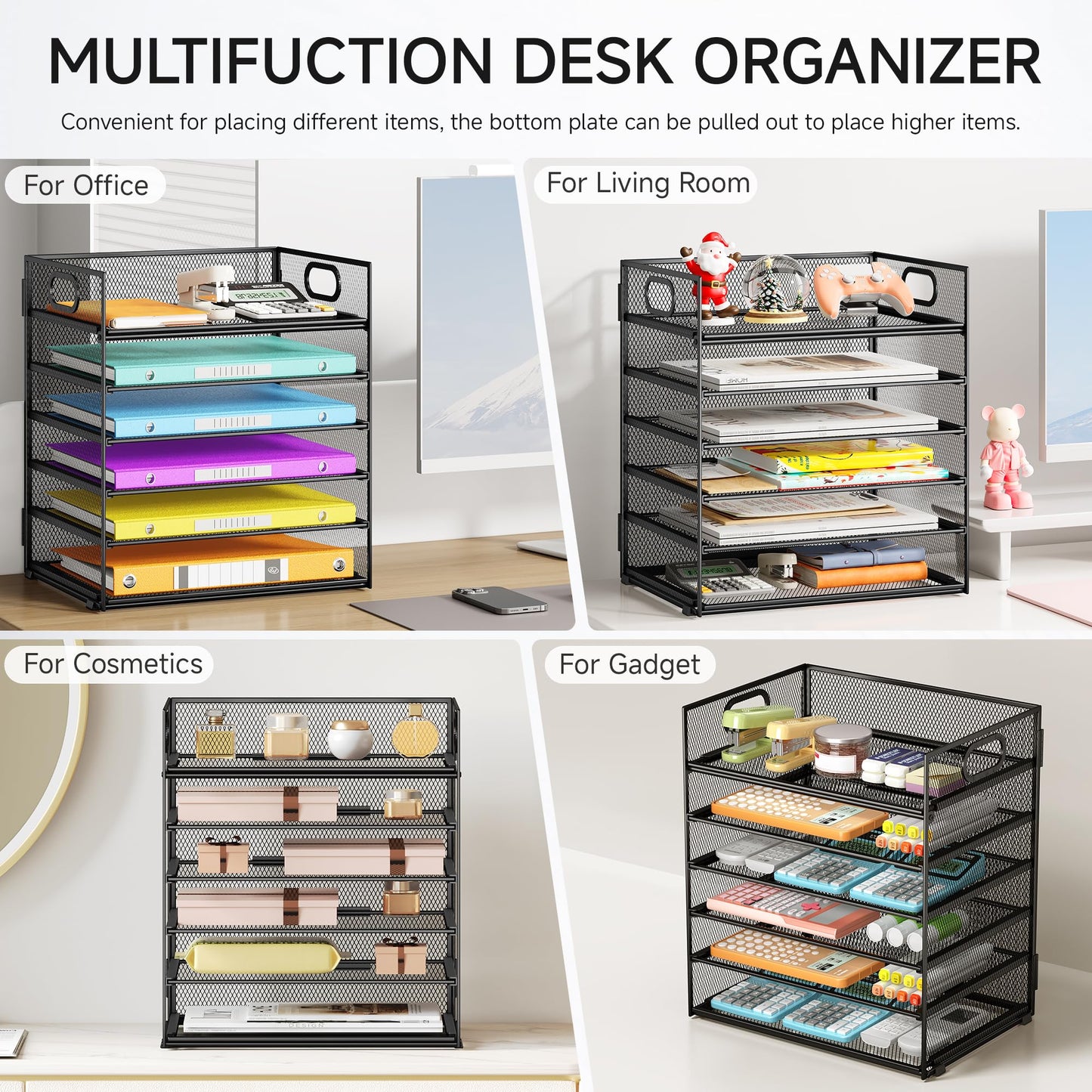 6 Tray Paper Organizer Letter Tray with Handle - Mesh Desk File Organizer, Paper Sorter Organizer
