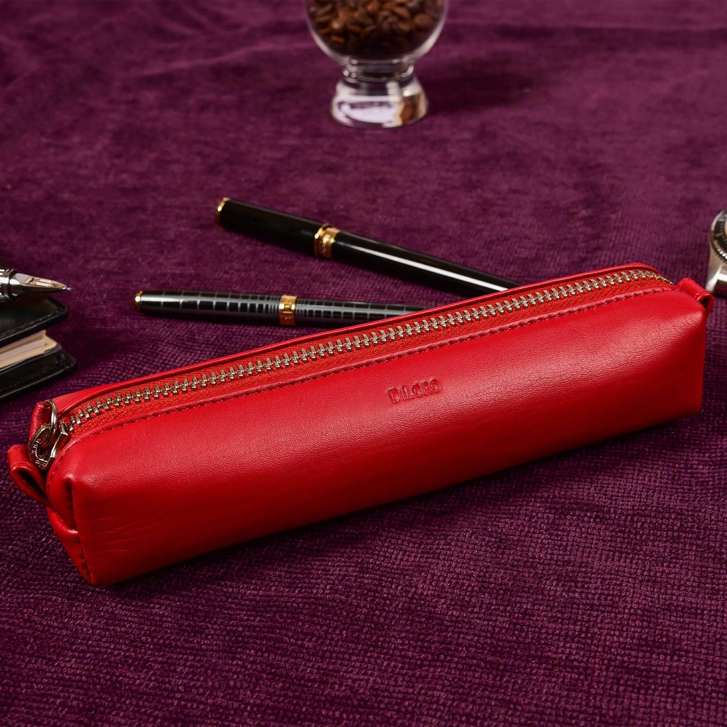 DiLoro Leather Zippered Fountain Ballpoint Rollerball Pens and Pencils Case Holder Pouch Genuine