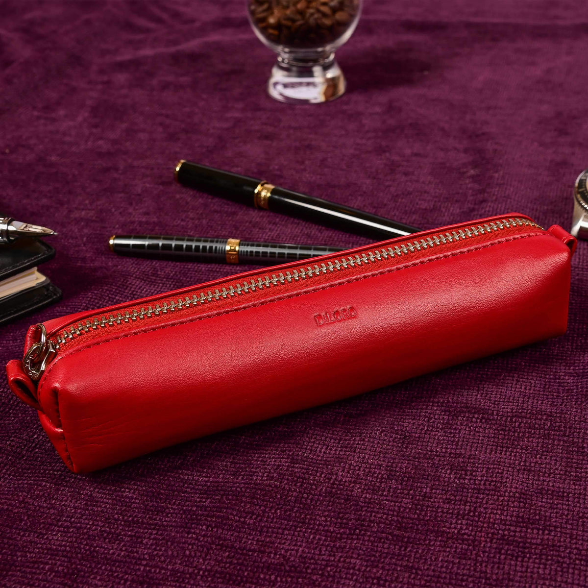 DiLoro Leather Zippered Fountain Ballpoint Rollerball Pens and Pencils Case Holder Pouch Genuine