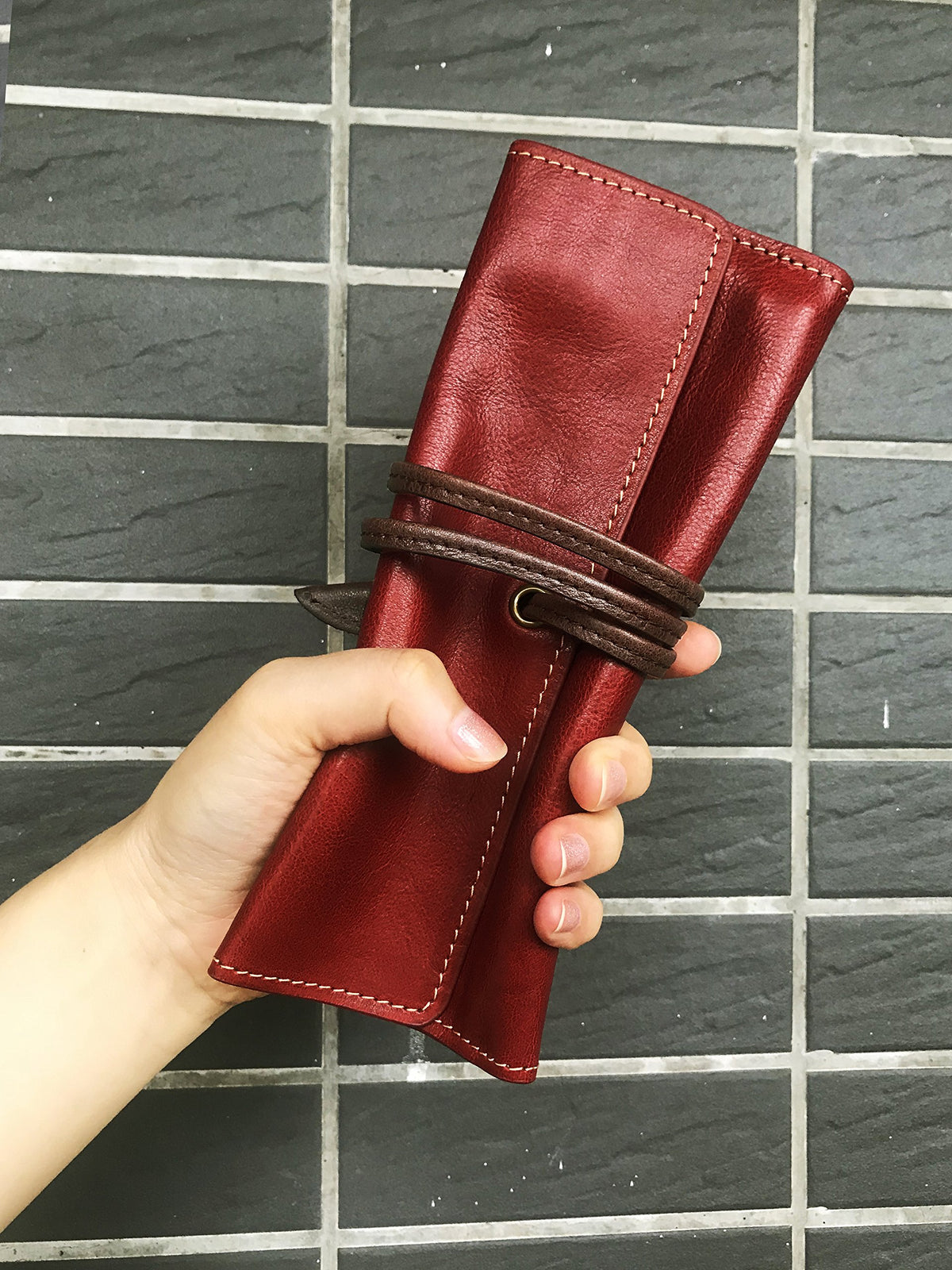 ZLYC Handmade Leather Pencil Case Soft Roll Bag Stationery Gift,Red