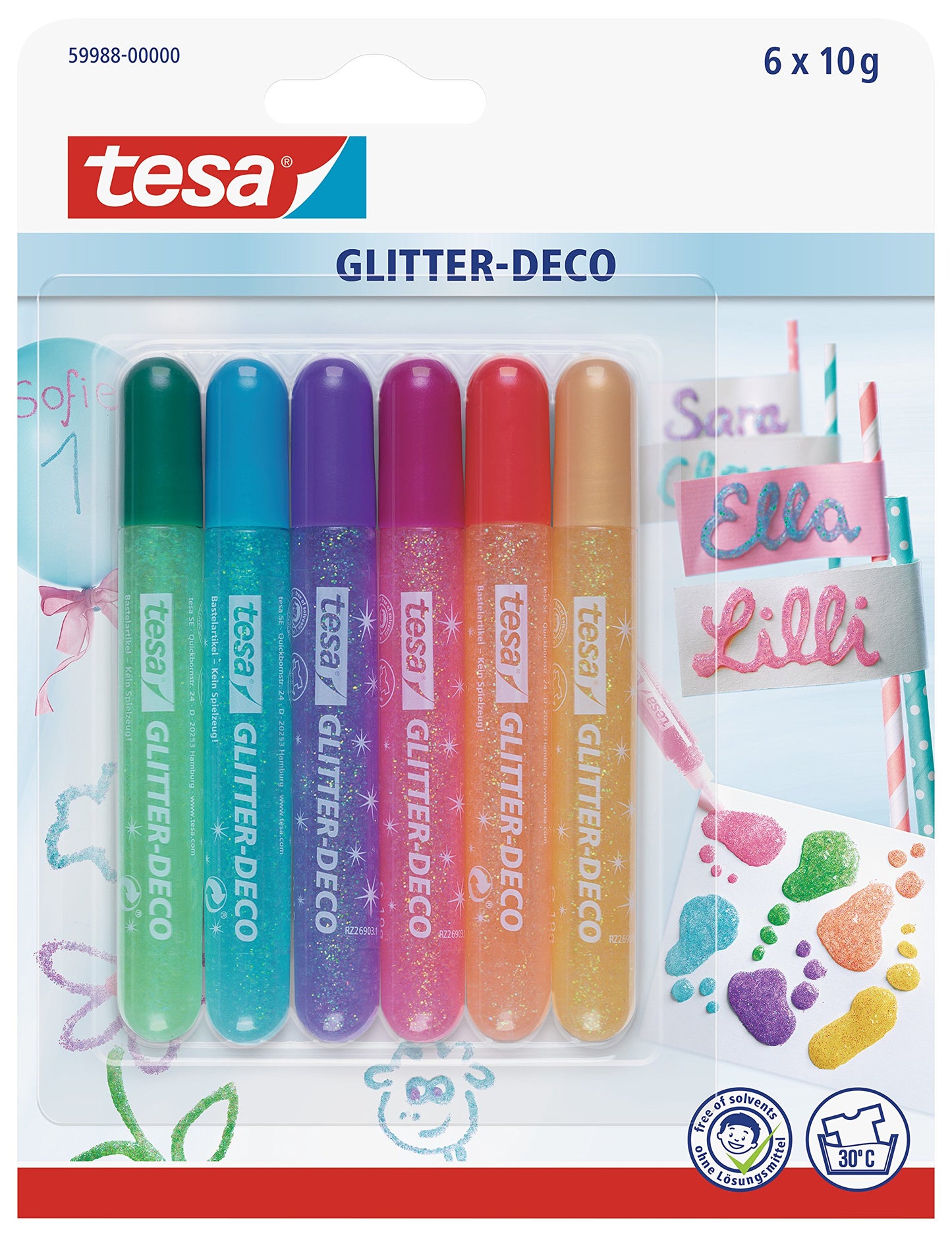 tesa Glitter-Deco Glue Pens - 6 Assorted Colours/Candy Pastel, Pack of 6