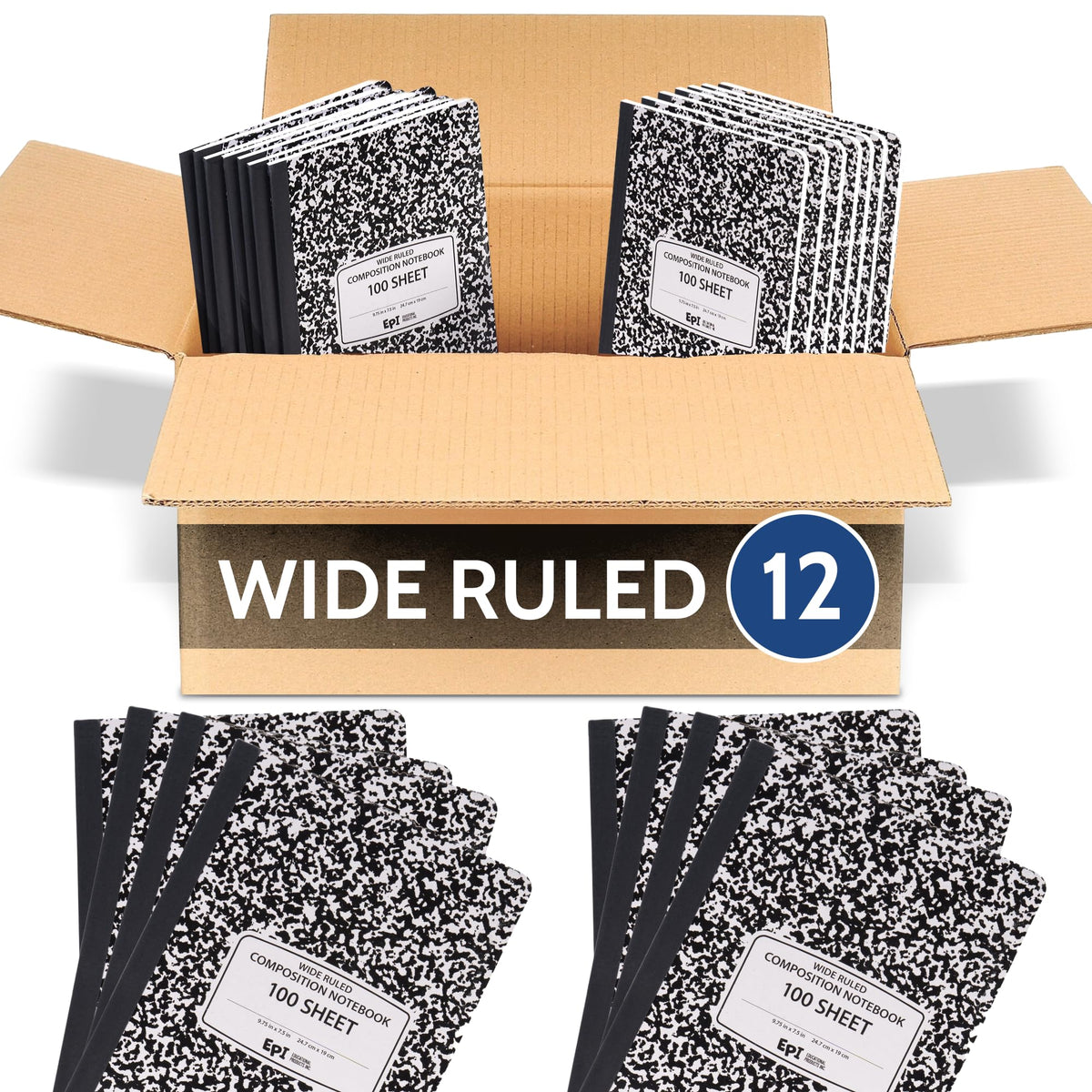 12 Pack - EPI Marble Hardcover Wide Ruled Composition Notebook | 200 Pages (100 Sheets), 9.75 x 7.5