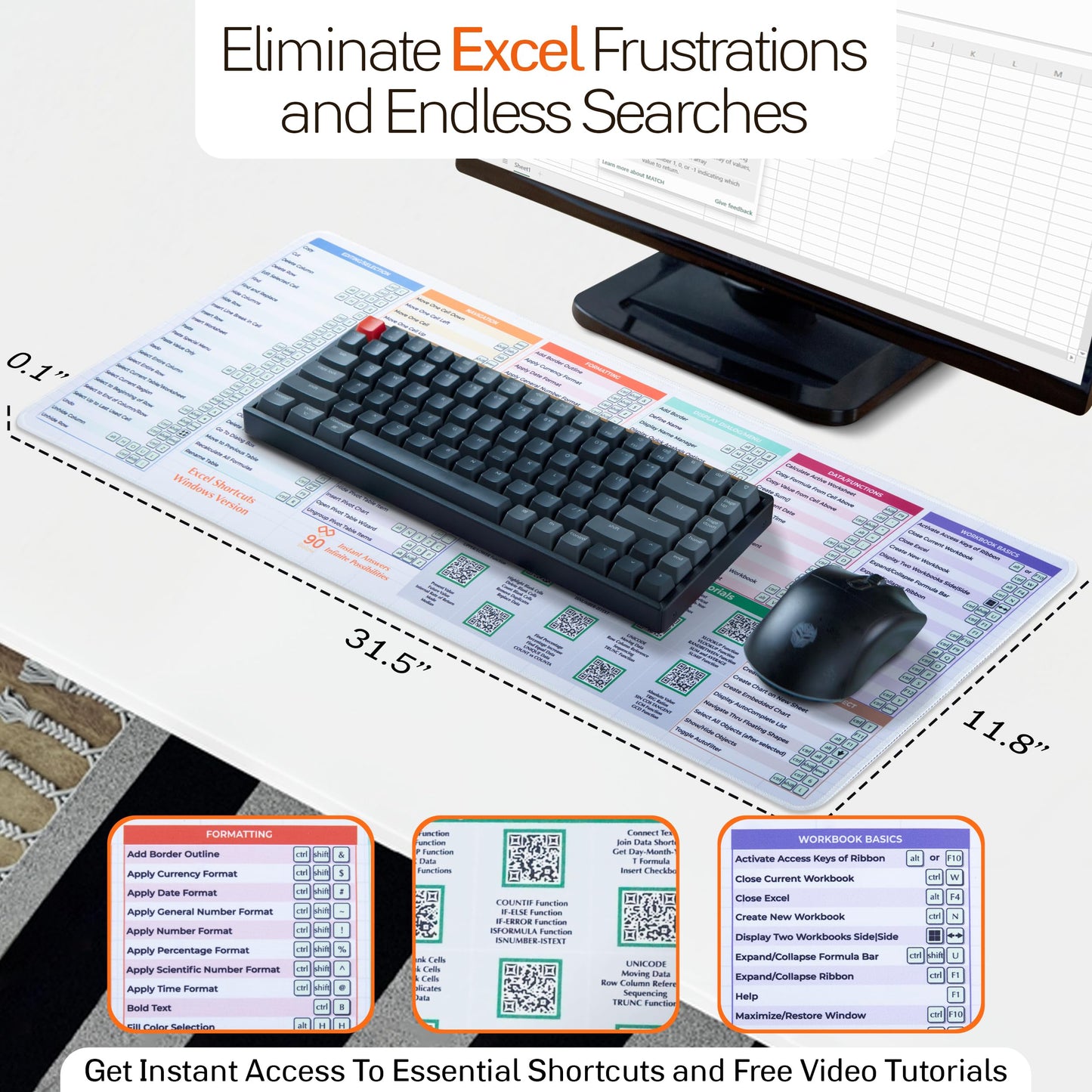 Excel Cheat Sheet Desk Pad - DeskGuide Pro Mouse Pad with 100+ QR Video Tutorials - Excel Shortcuts