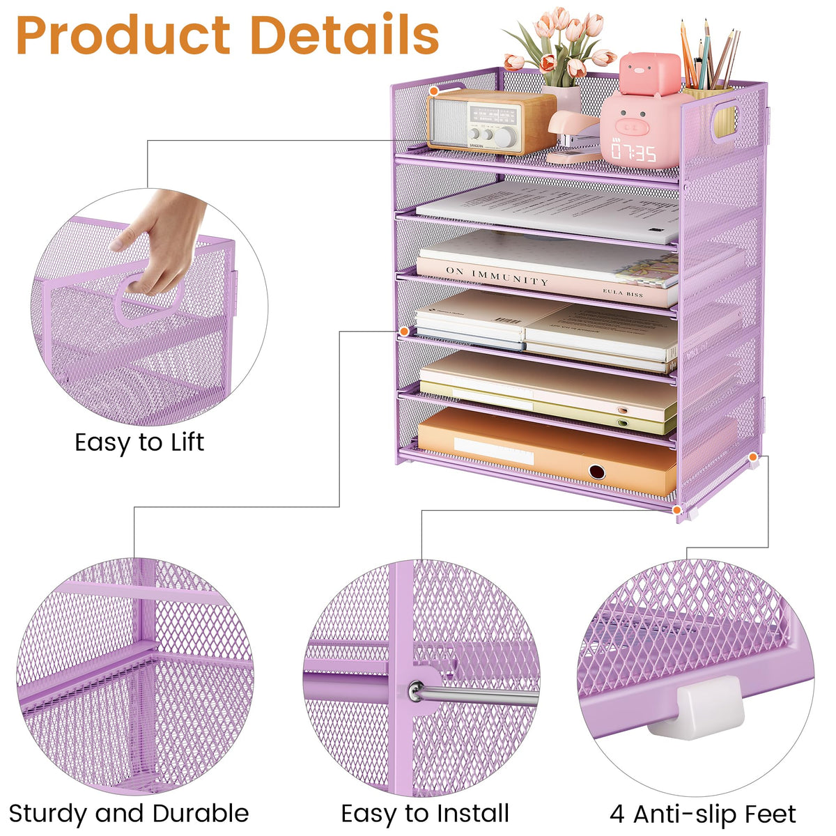 Subekyu 6-Tier Desk Paper Organizer, Desktop File Letter Tray with Handle, Document Sorter and