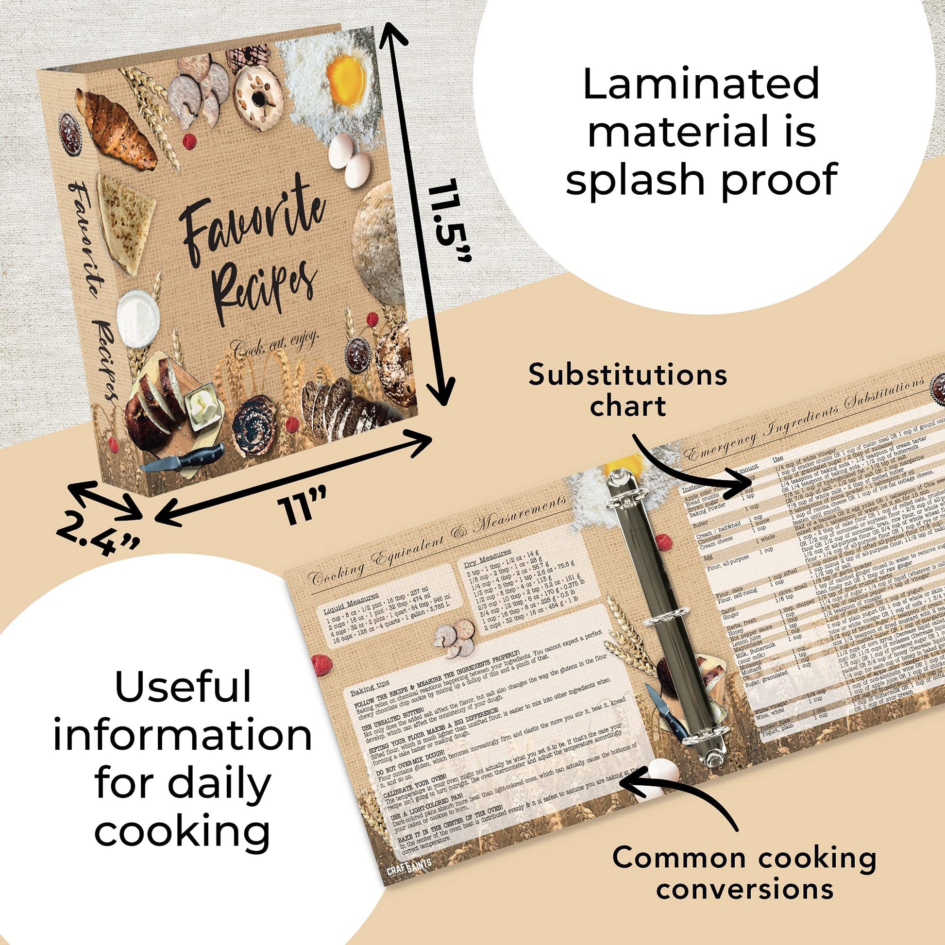 CraftSaints Recipe Binder 8.5x11, 3 Ring DIY Cookbook Kit 12 Dividers & 25 Plastic Sleeves & 25