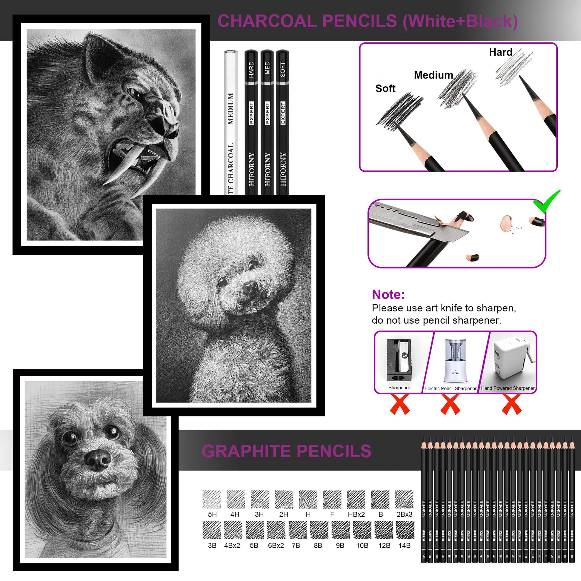 HIFORNY 58 PCS Drawing Kit Sketching Pencil Set,Sketch Pencils Art Supplies with 3-Color