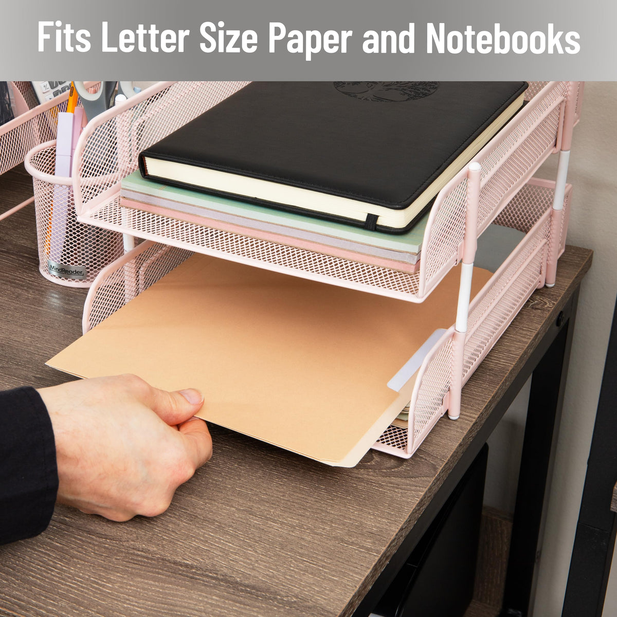 Mind Reader Stackable Paper Tray, Desktop Organizer, File Storage, Office, Metal Mesh, 2 Pcs, Pink