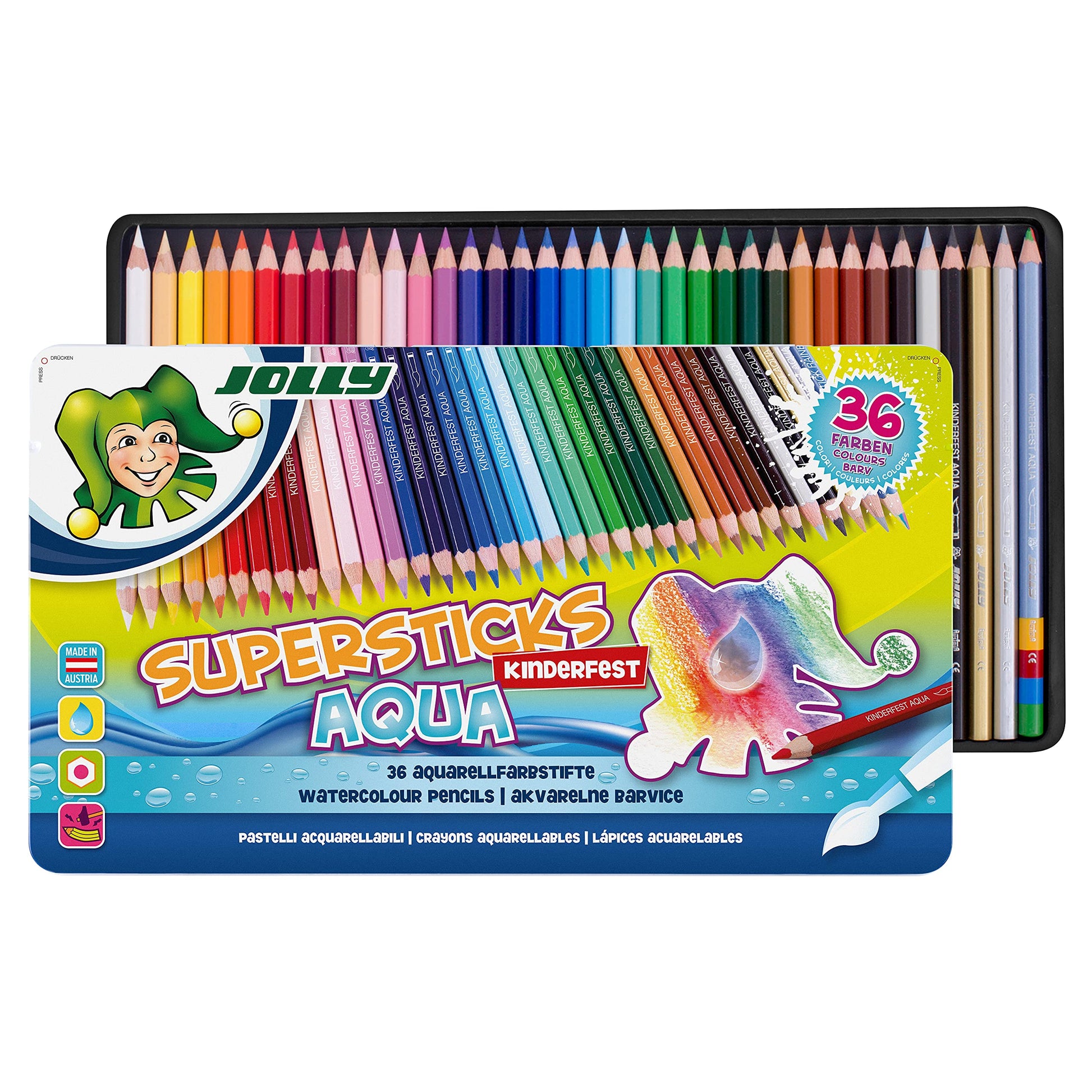 Jolly Supersticks Premium European Aqua Watercolor Pencils with Tin Carrying Case; Set of 36