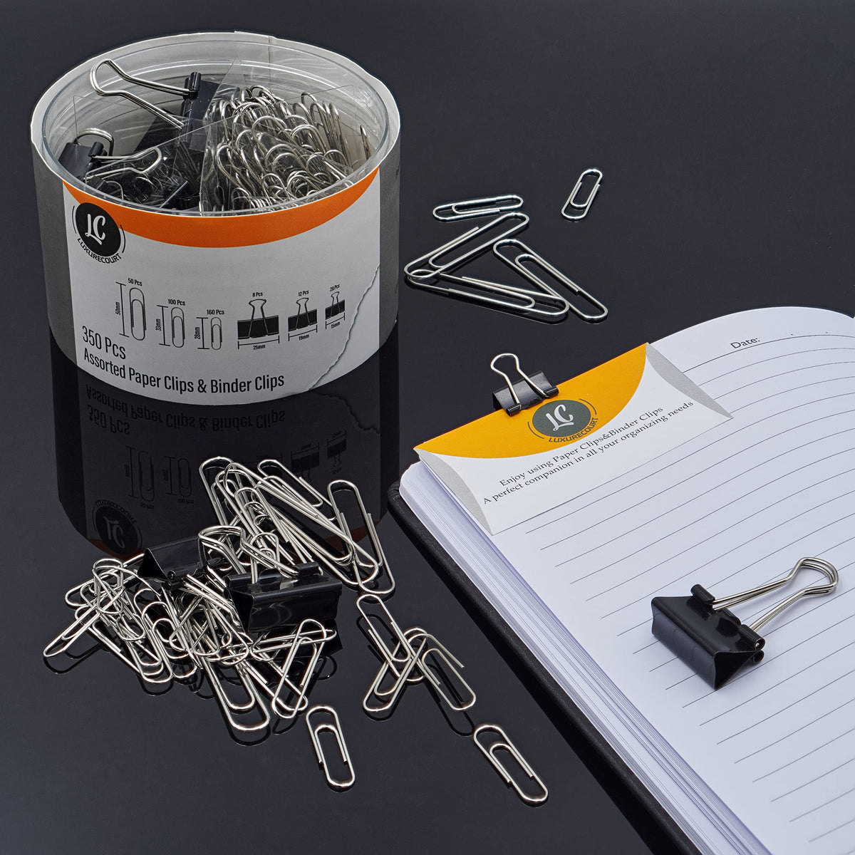 350 Pack Paper Clips and Binder Clips Set by Luxurecourt - Binders & Paperclips Assorted Sizes in