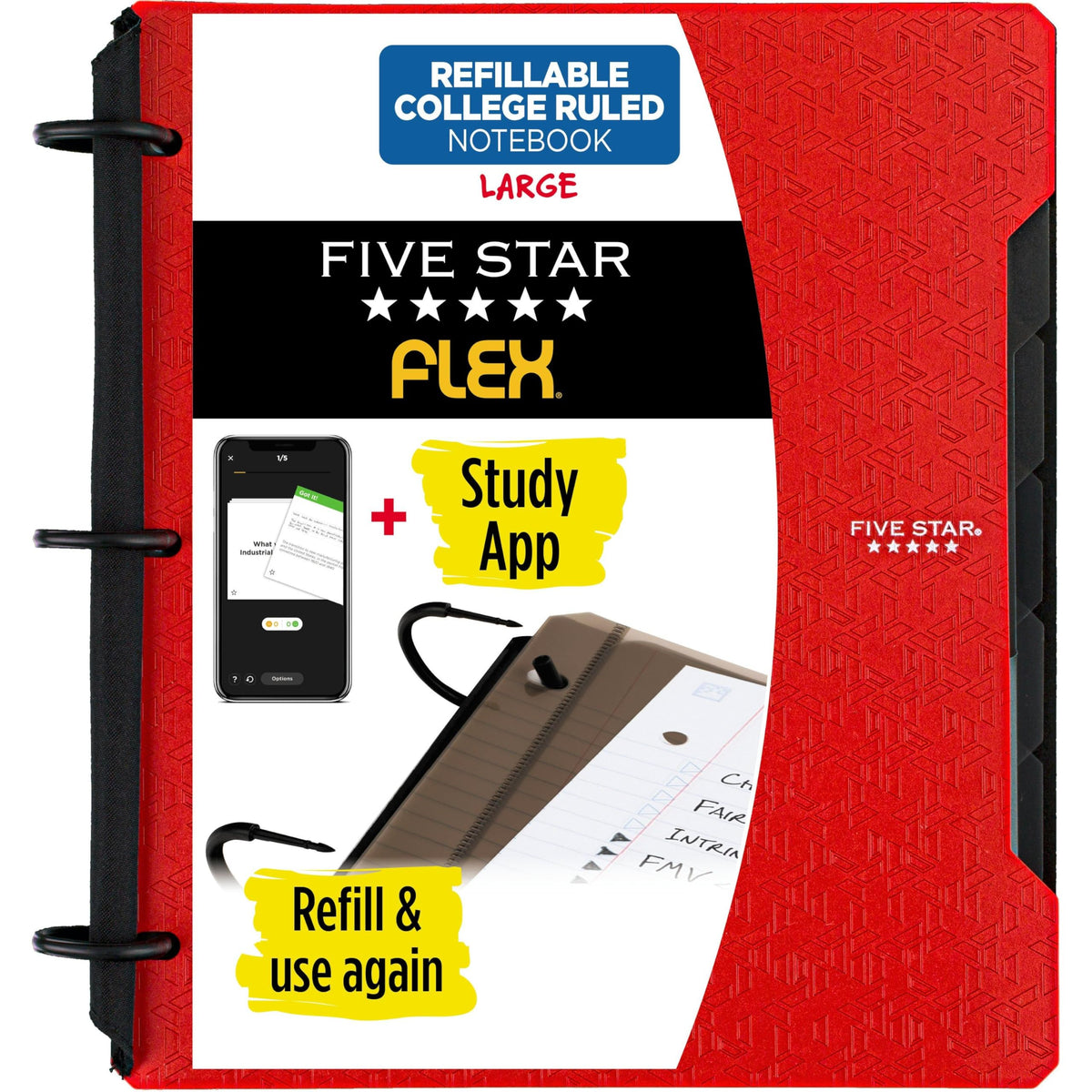 Five Star Flex Refillable Notebook + Study App, College Ruled Paper and 1 Inch TechLock Ring Binder