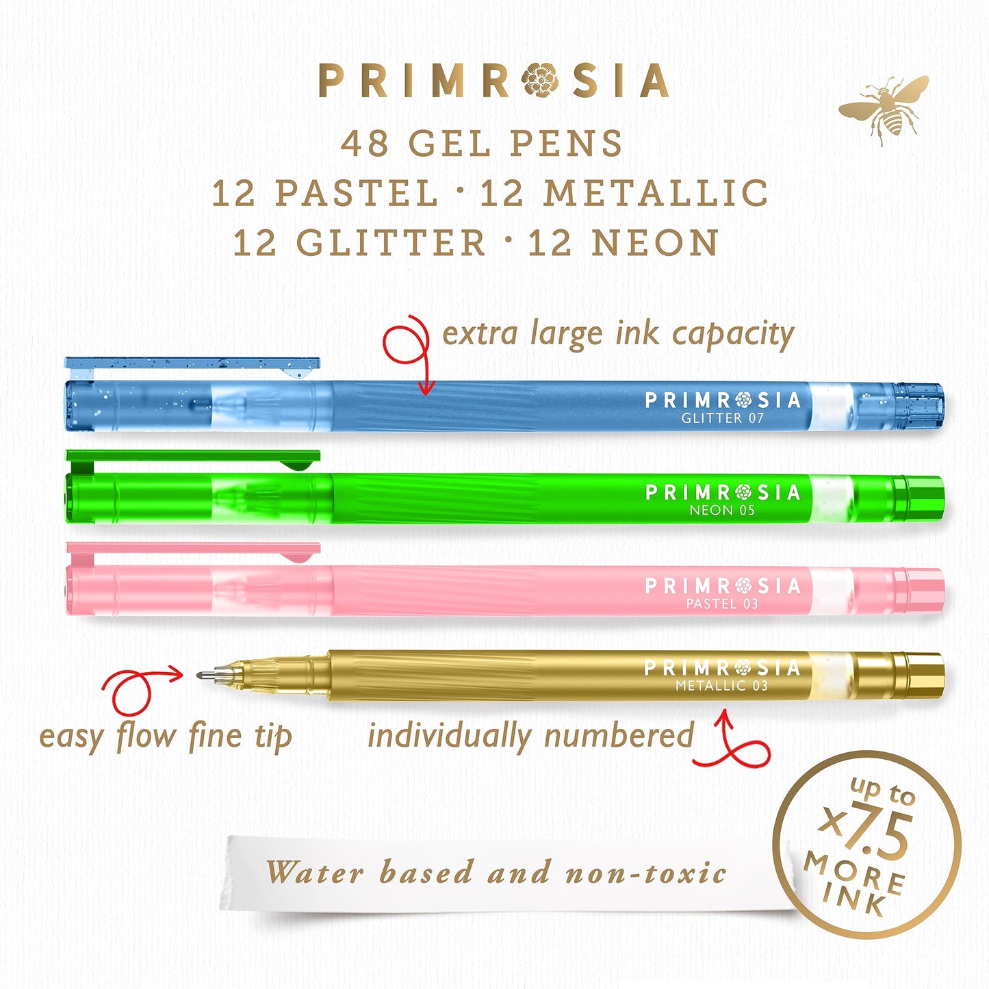 Primrosia 48 Gel Pens, inc. Metallic, Pastel, Glitter & Flourescent for Adult Coloring Book & Dot
