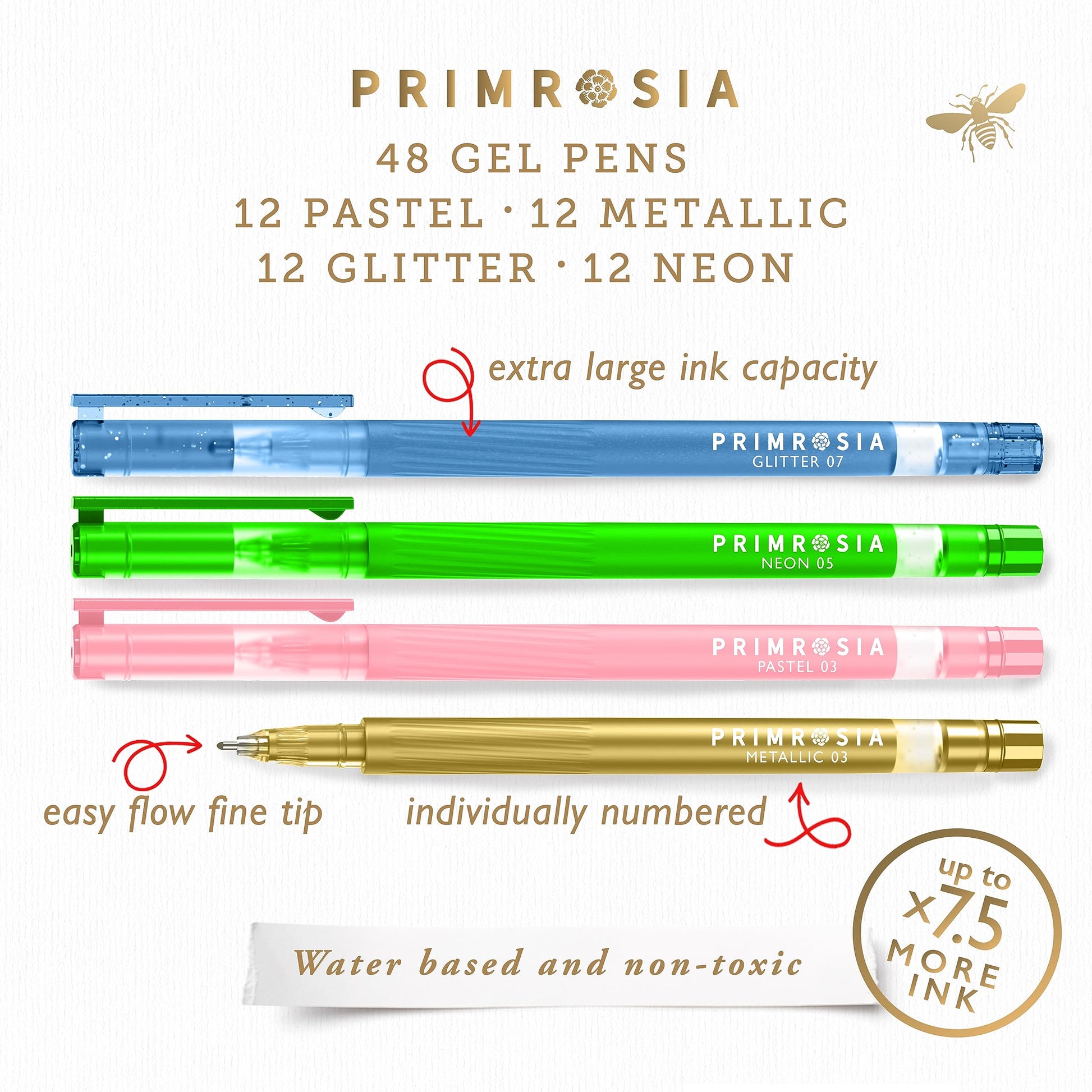 Primrosia 48 Gel Pens, inc. Metallic, Pastel, Glitter & Flourescent for Adult Coloring Book & Dot