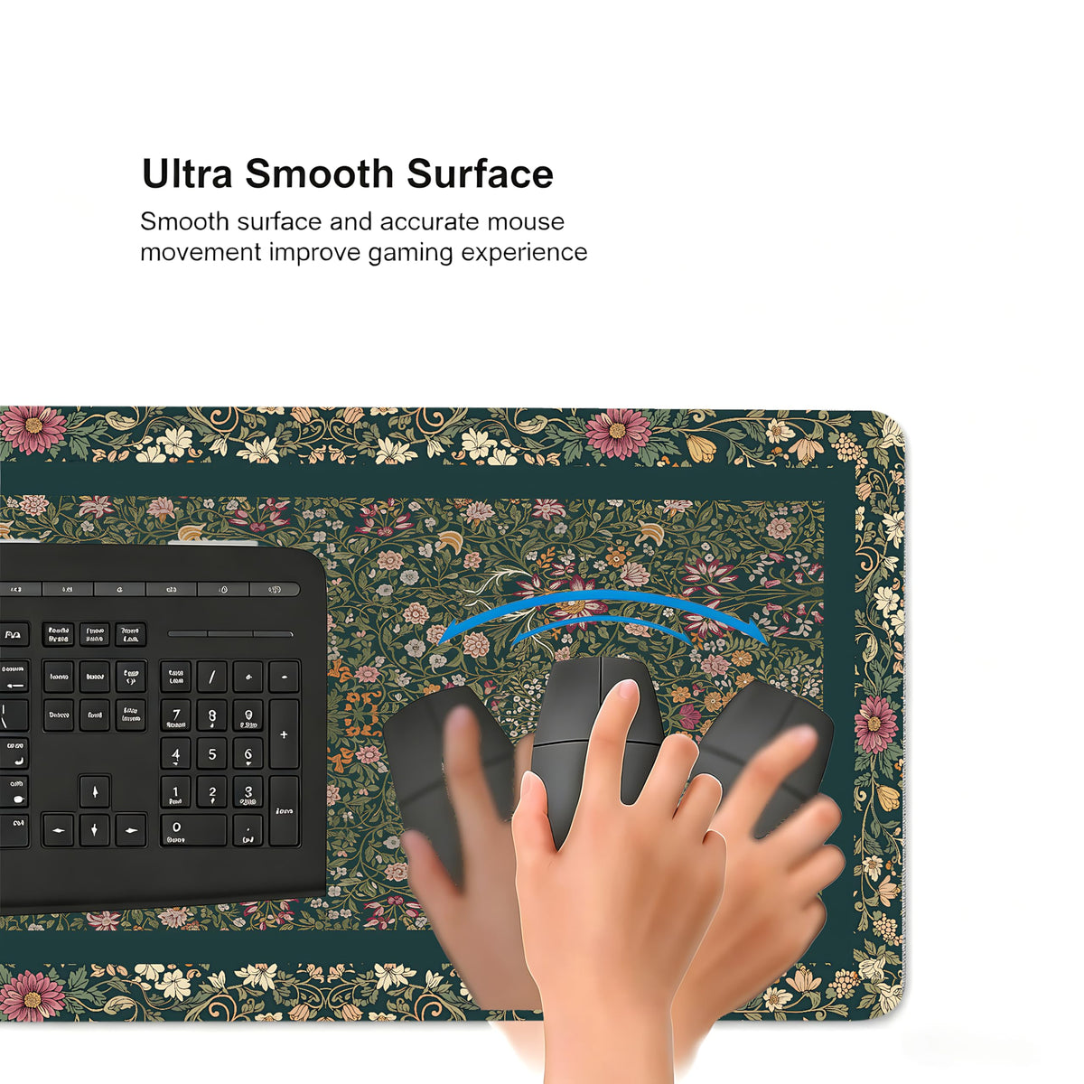 Cute Floral Aesthetic Daisy Gaming Mouse Pad, Dark Green Rug Desk Mat with Anti-Slip Base &