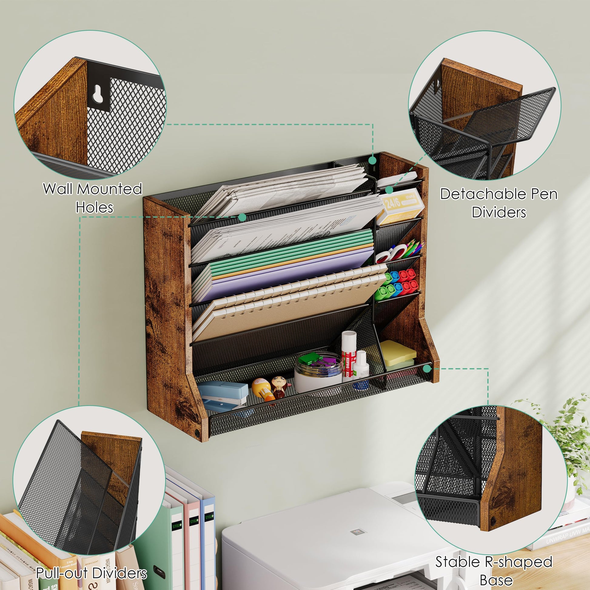 Jakyitvi 5 Tiers Ironwood Wall Desk File Holder Organizer Organizer, Brown