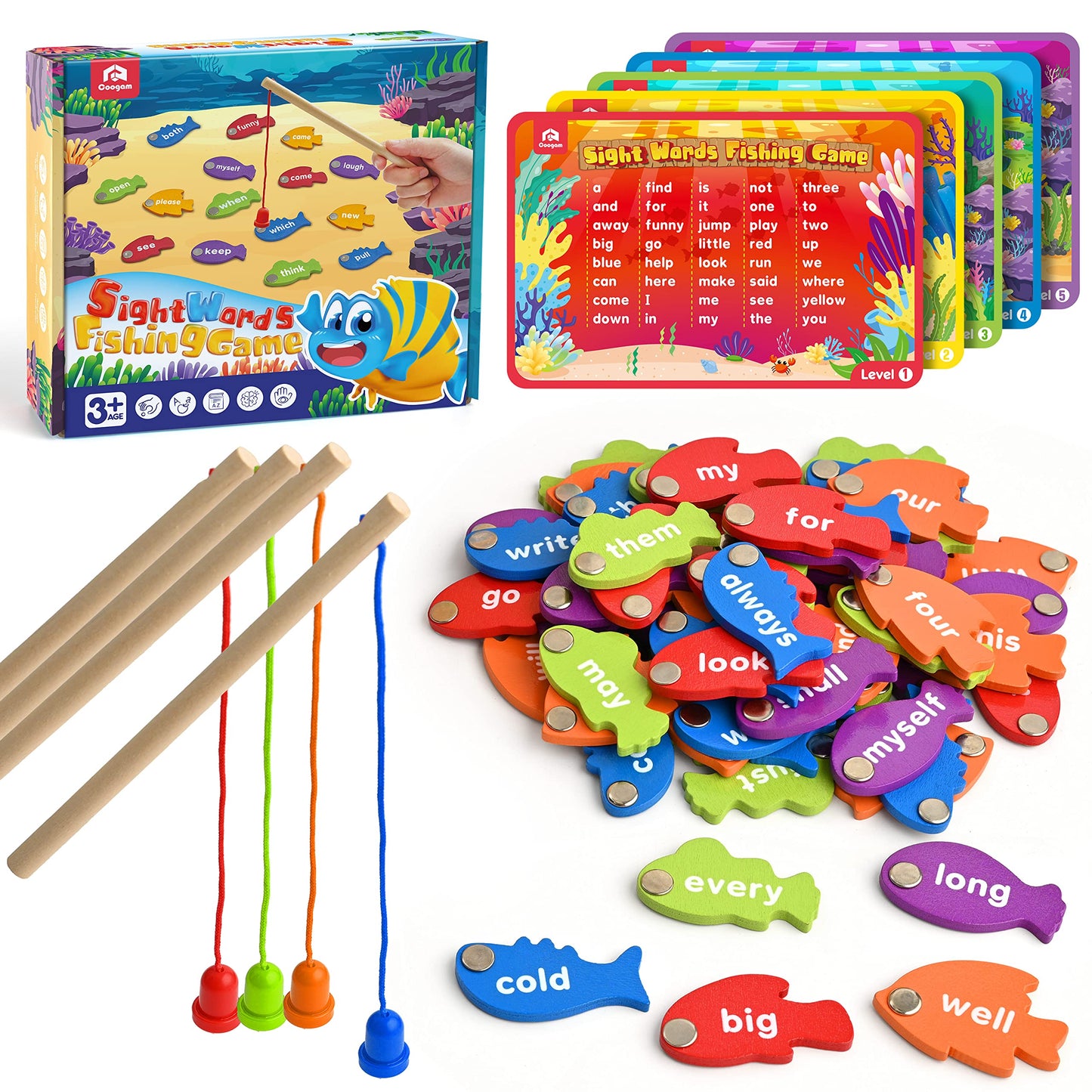Coogam Wooden Magnetic Fishing Sight Words Game Learning Dolch Word Flashcards Montessori