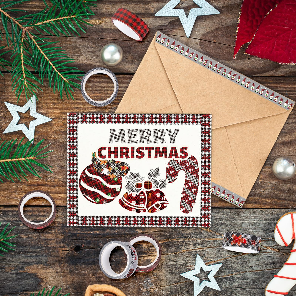 Whaline 12 Rolls Merry Christmas Washi Tape Black Red Plaid Washi Masking Tape Gnome Snowman
