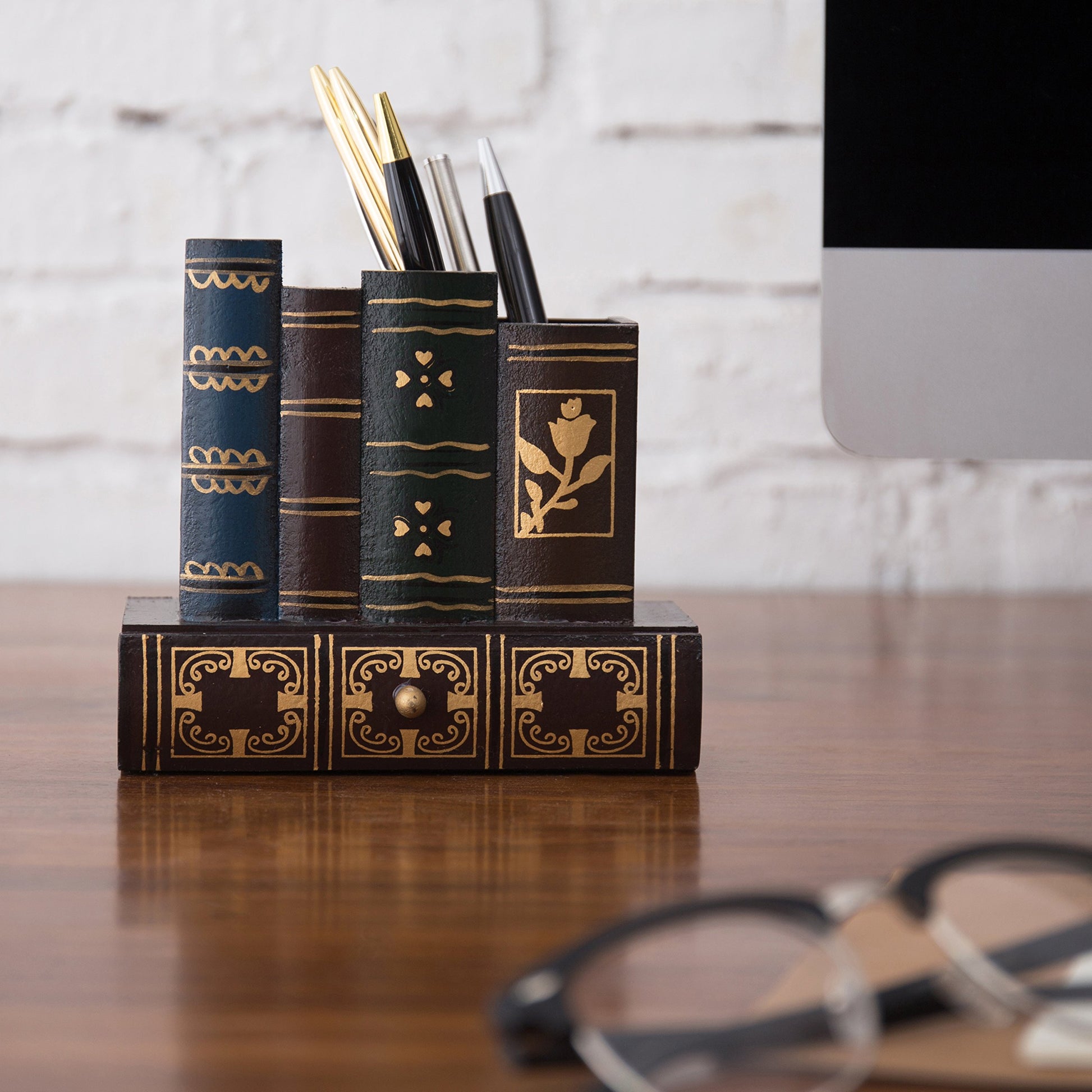 MyGift Decorative Desk Organizer Pen and Pencil Holder with Storage Drawer