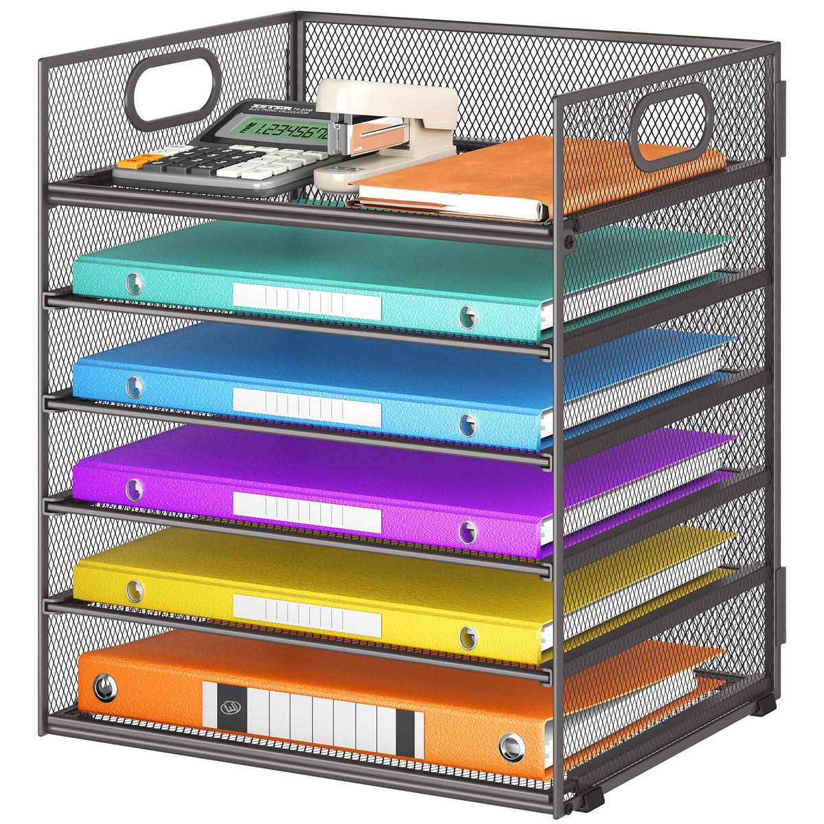 6 Tiers Letter Tray Paper Organizer With Handle, Mesh Desk File Organizer, Metal Desktop Document