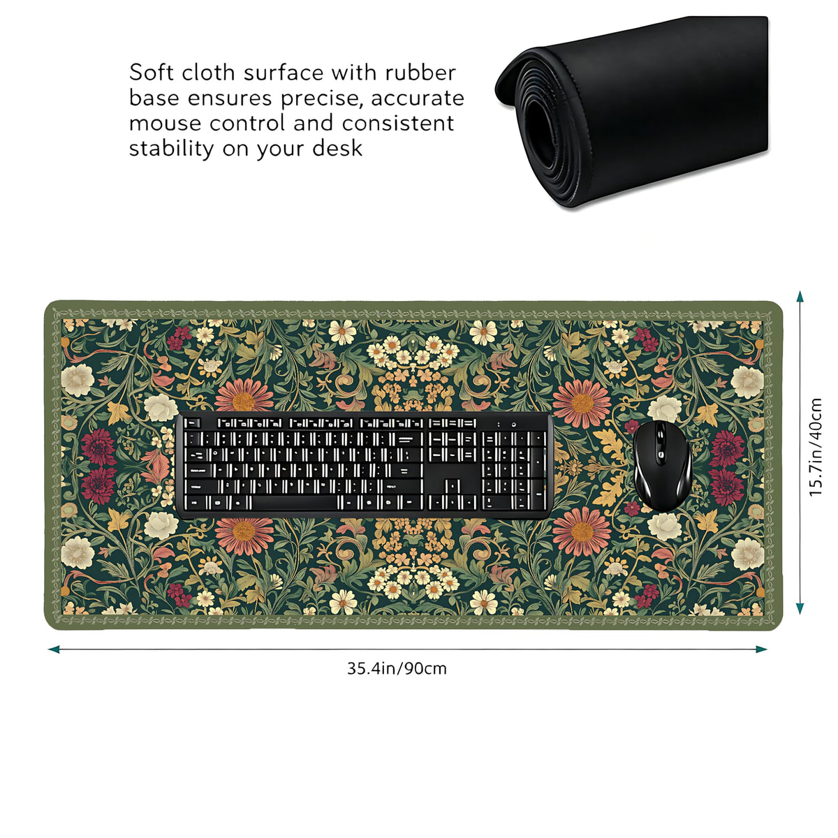 Cute Floral Aesthetic Cosmos Gaming Mouse Pad, Dark Green Rug Desk Mat with Anti-Slip Base &