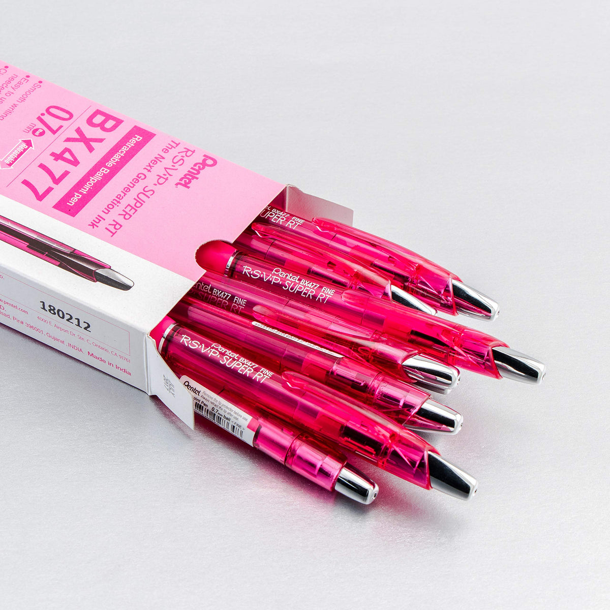 Pentel RSVP Super RT Ballpoint Pen, (0.7mm) Fine Line, Pink Ink, Box of 12 Pens (BX477-P)