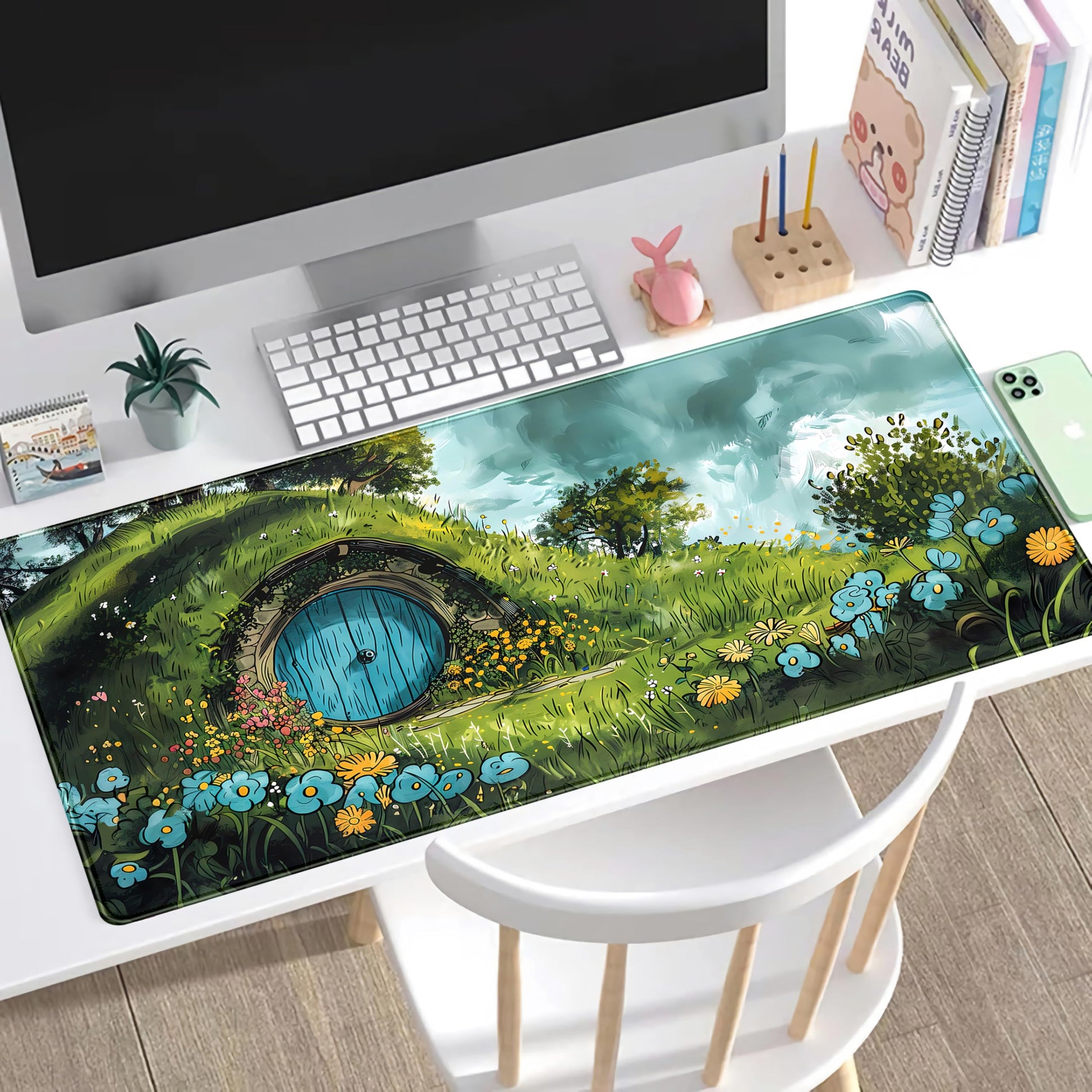 Cute Landscape Cartoons Desk Mat Aesthetic Gaming Mouse Pad XXL Large Extended Green Sage Desk Pad