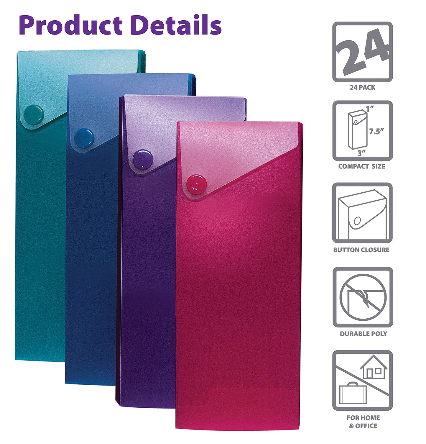 Better Office Products Slider Pencil Case, Box of 24, Semi-Rigid Poly Plastic with Button Snap