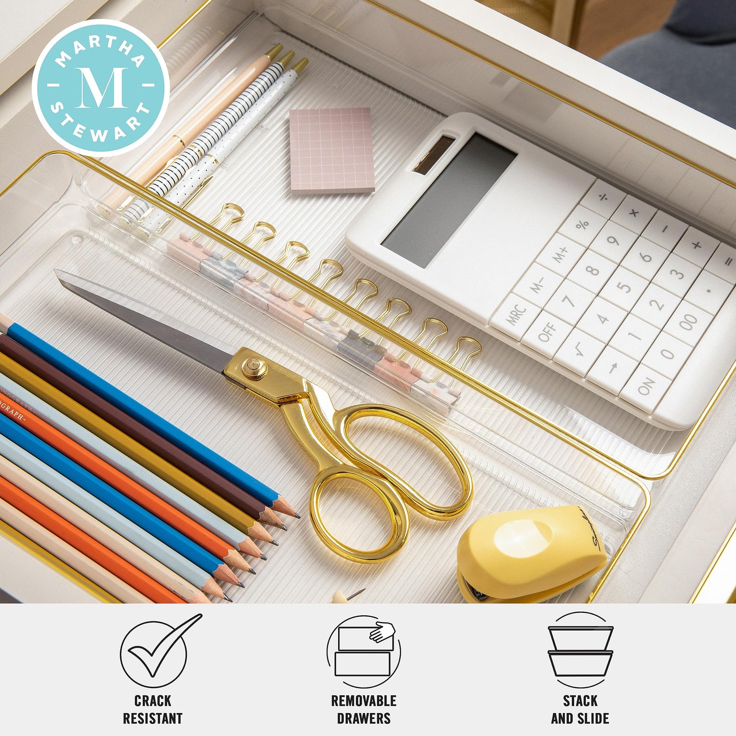 Martha Stewart Kerry Stackable Desk Drawer Organizers, Clear/Gold, 3-Pack